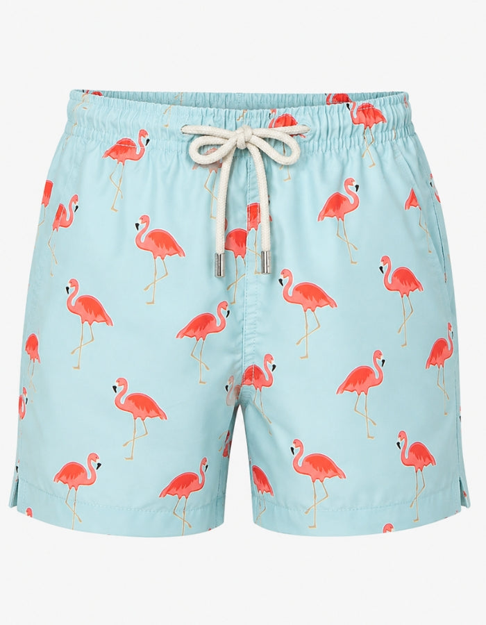 Flamingo Boys Swim Shorts, front view. Sustainable boys swimwear ghost mannequin