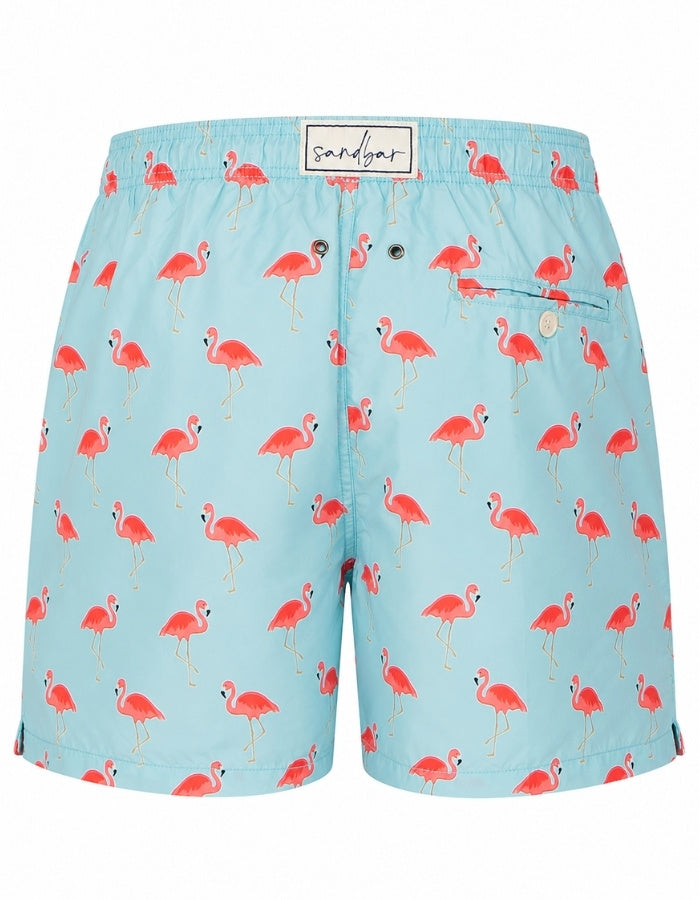 Sandbar Sustainable Mens Swim Shorts Ghost Mannequin back view pink flamingo