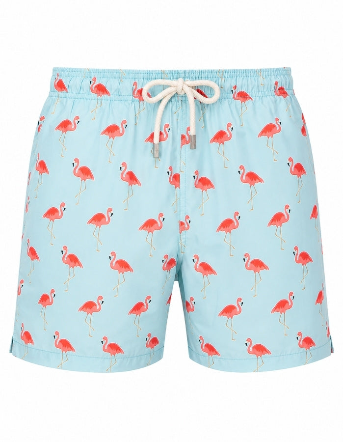 Sandbar Sustainable Mens Swim Shorts Ghost Mannequin front view pink flamingo