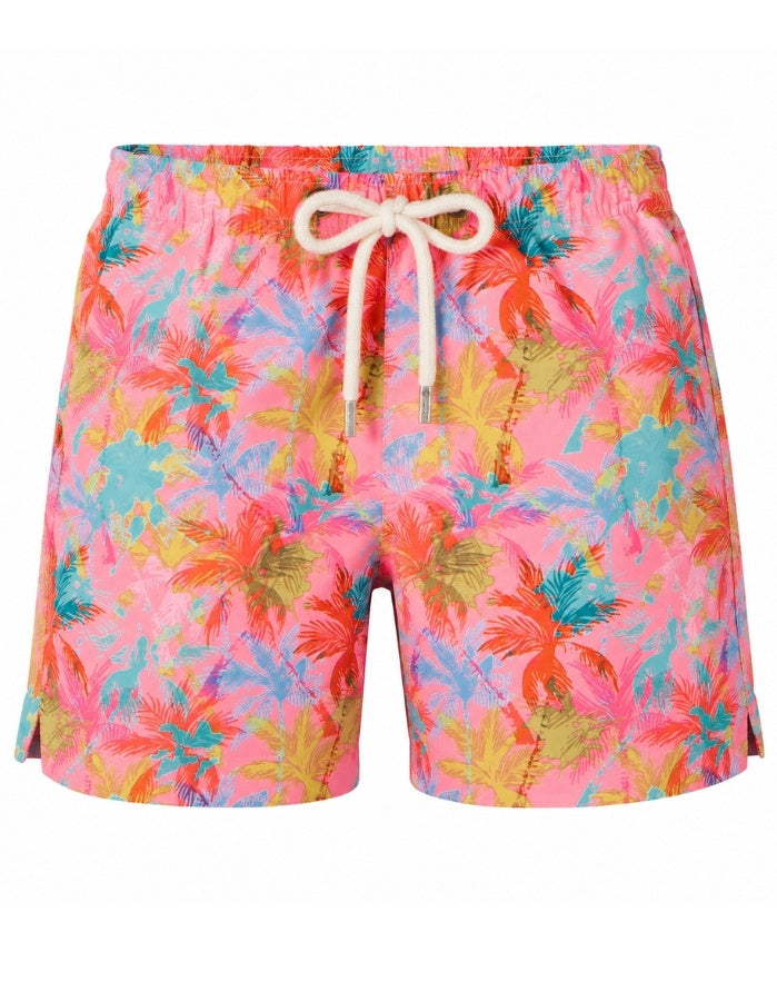 Pink Palm Boys Swim Shorts, front view. Sustainable boys swimwear ghost mannequin