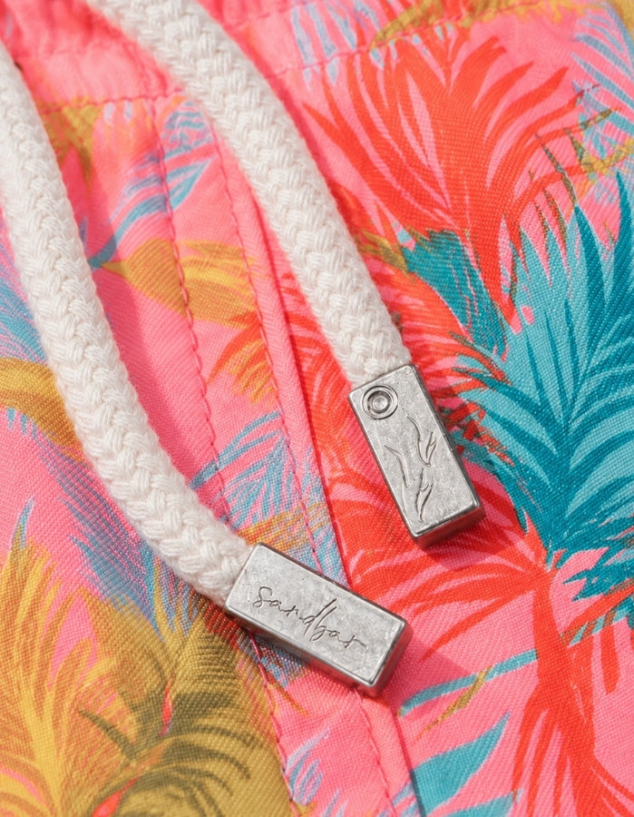 Pink Palm Boys Swim Shorts, metal string end caps. Sustainable boys swimwear.