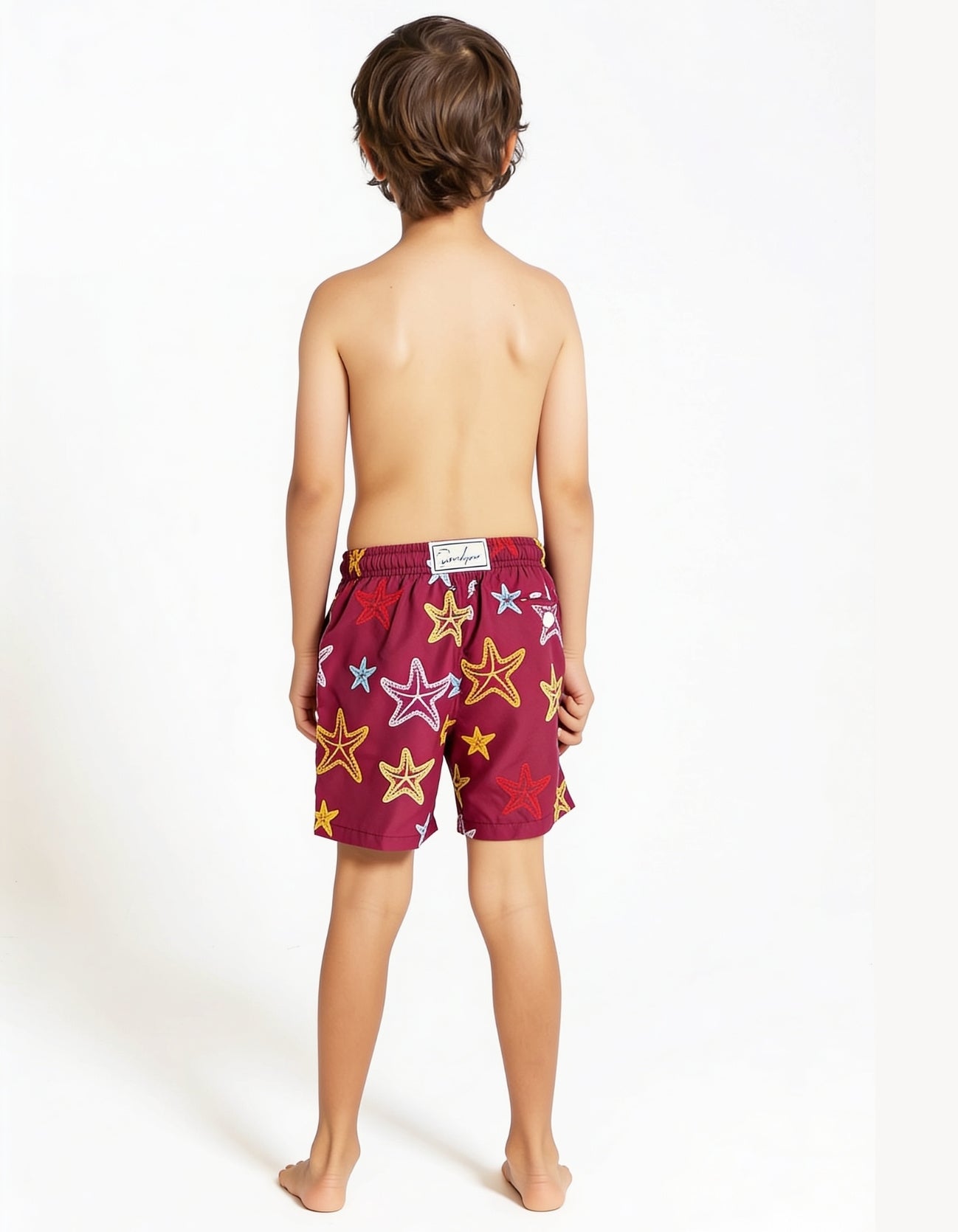 Embroidered Starfish Boys Swim Shorts, back view. Embroidered kids swim shorts upf50 fabric detail