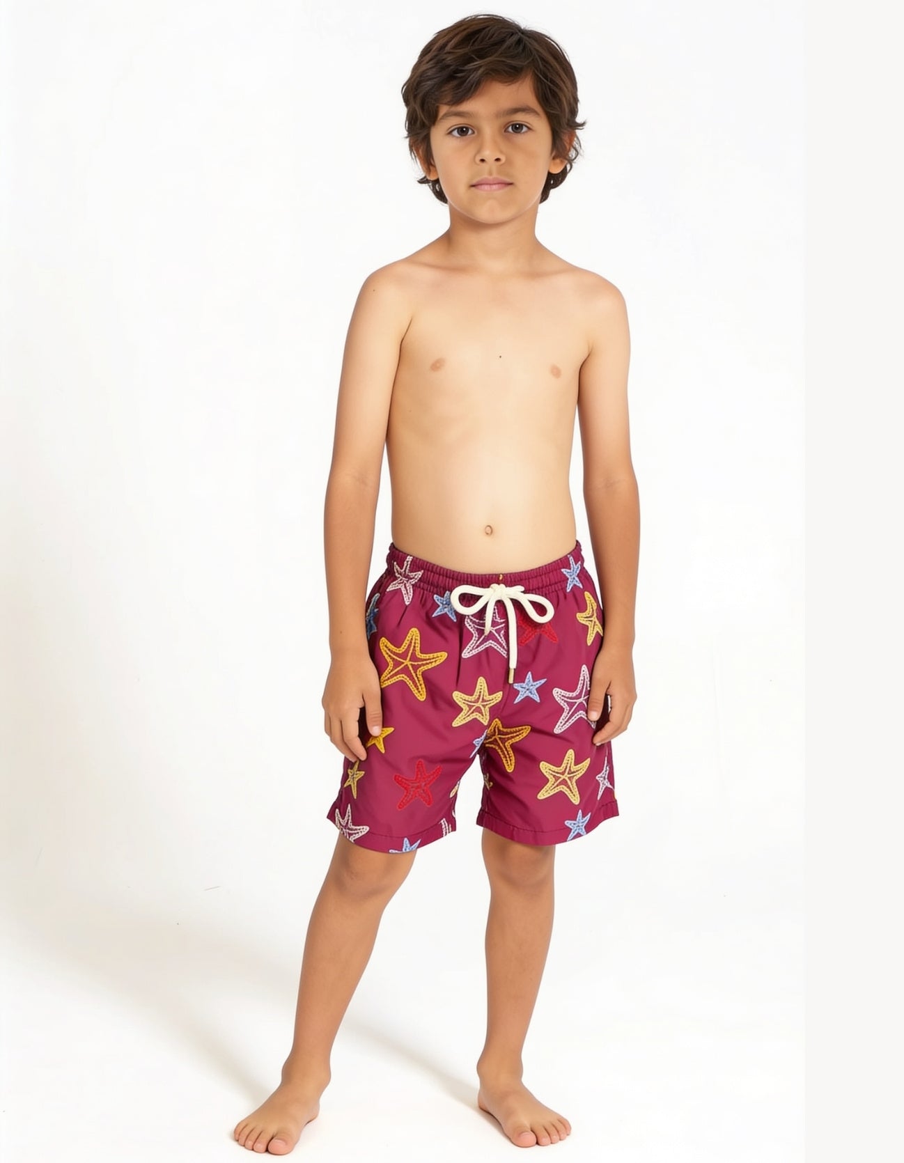 Embroidered Starfish Boys Swim Shorts, front view. Embroidered kids swim shorts upf50 fabric detail
