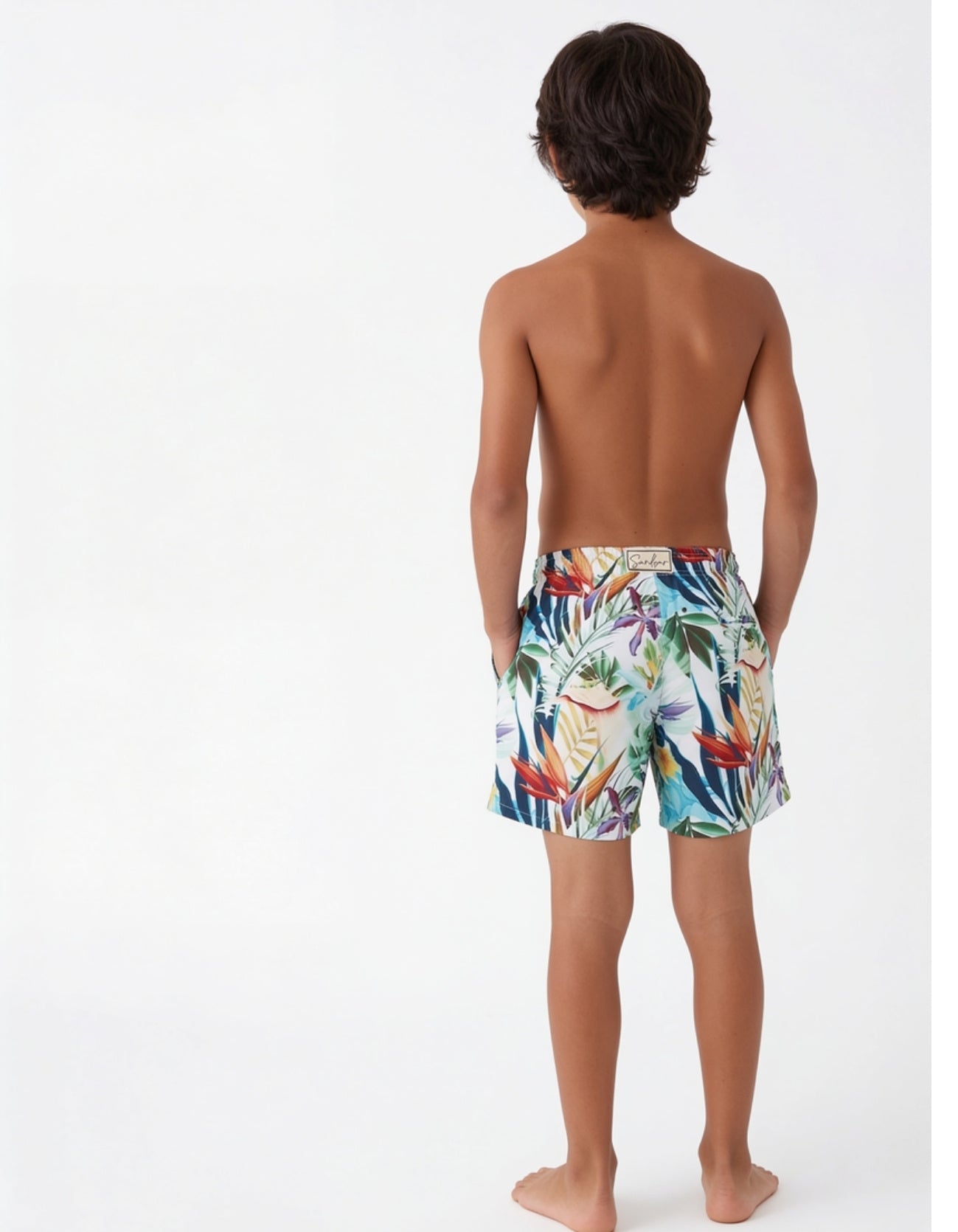 boys swim shorts sustainable shorts for all ages, with ivory drawstring, kids tropical swimwear studio back view
