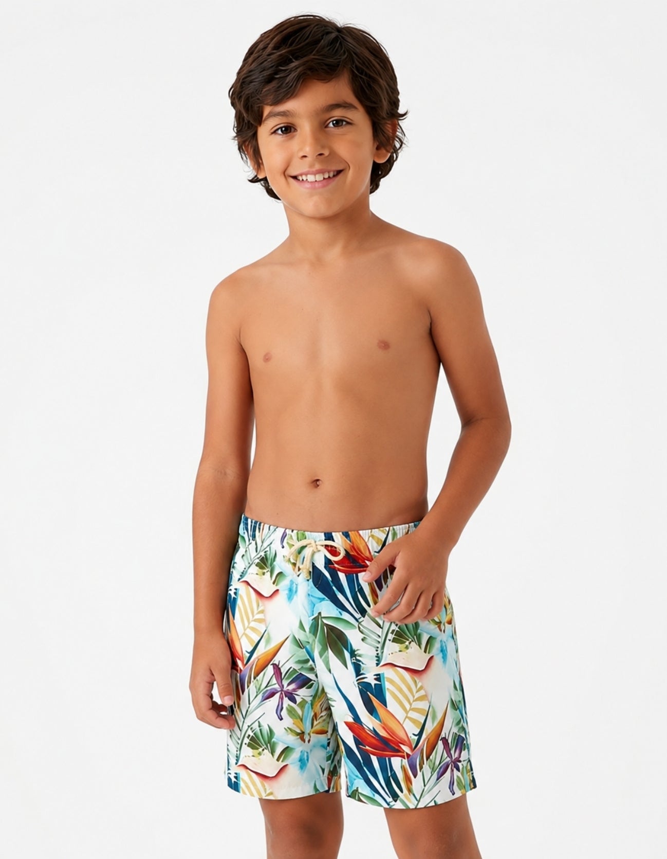 boys swim shorts sustainable shorts for all ages, with ivory drawstring, kids tropical swimwear studio front view close