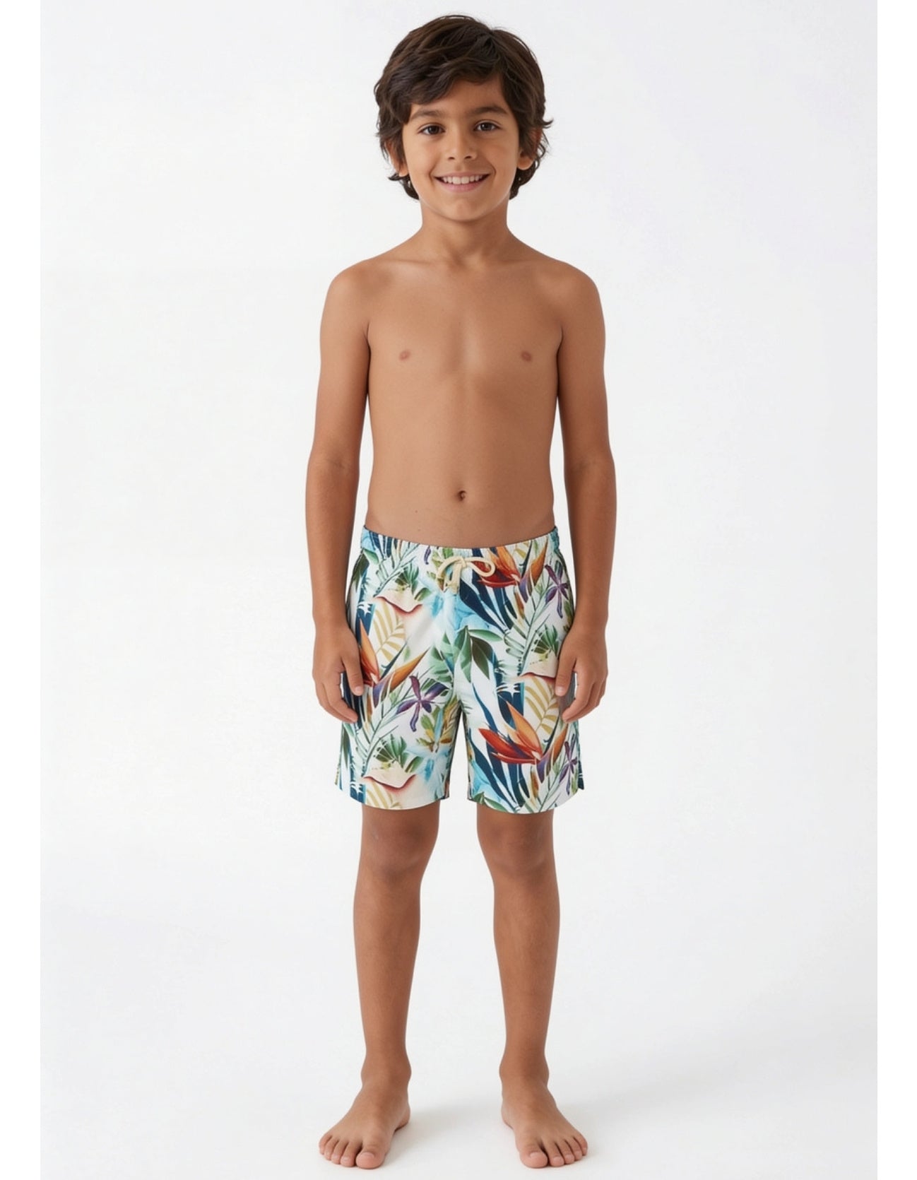 boys swim shorts sustainable shorts for all ages, with ivory drawstring, kids tropical swimwear studio front view