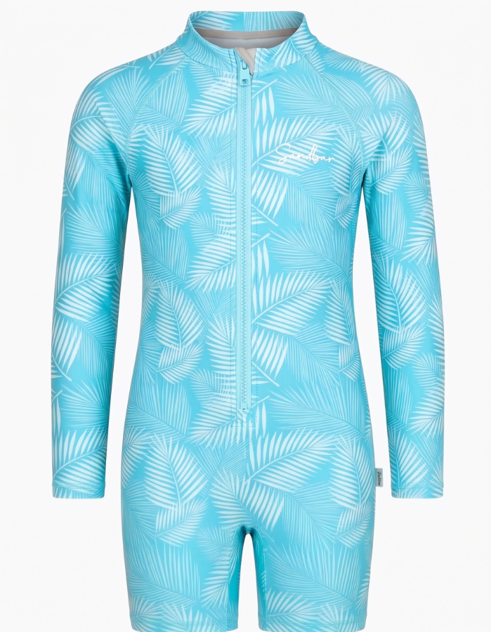 A children's full-body one-piece swimsuit or rash guard in bright turquoise blue with a white palm leaf pattern, featuring a front zipper, high collar, and short legs.