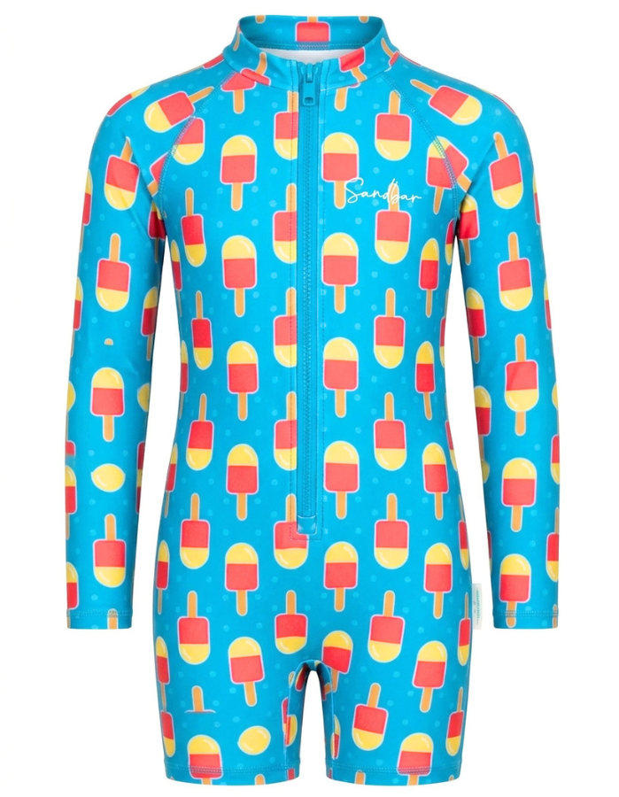 A children's full-zip one-piece swimsuit in bright blue, covered in a repeating pattern of red and yellow popsicle icons. The brand name 'Sunwar' is printed in white script on the left chest.