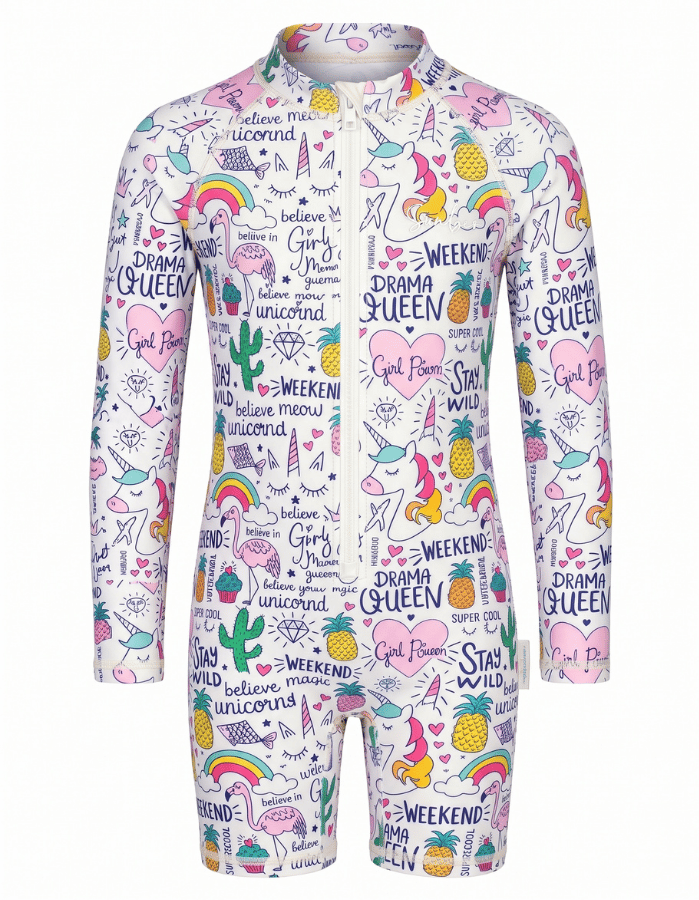 A long-sleeve, one-piece children's swim shirt in white with unicorns, flamingos and kittycorns on and a front zipper. The brand name 'Sandbar' is printed in white script on the left chest.