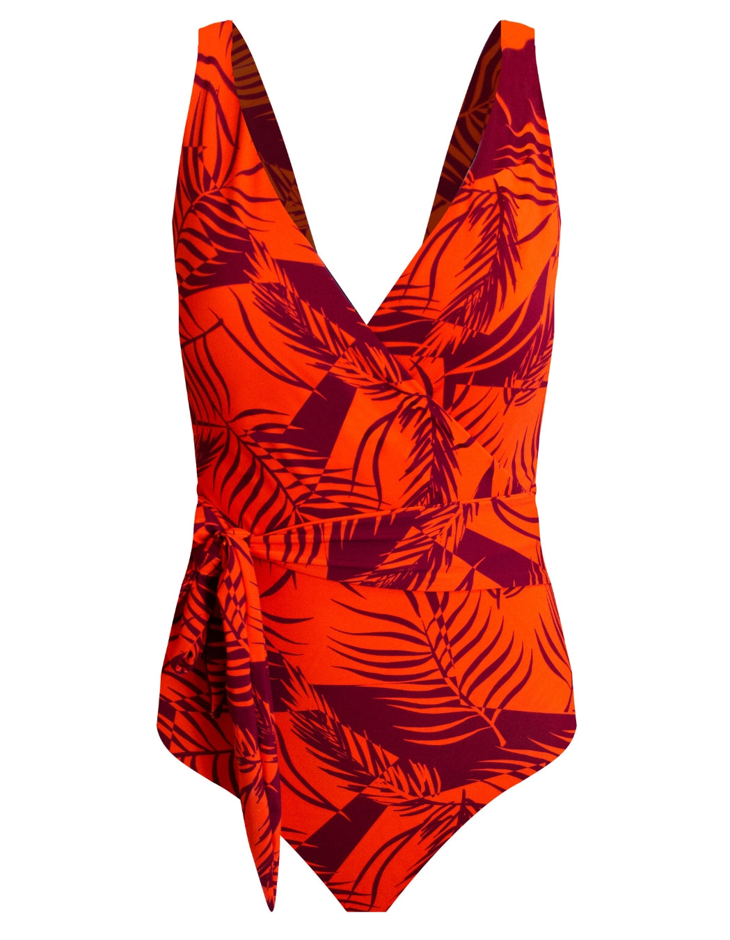 Sunset Palm Womens One Piece Wrap Swim Suit, lifestyle shot. Sustainable womens swimwear.