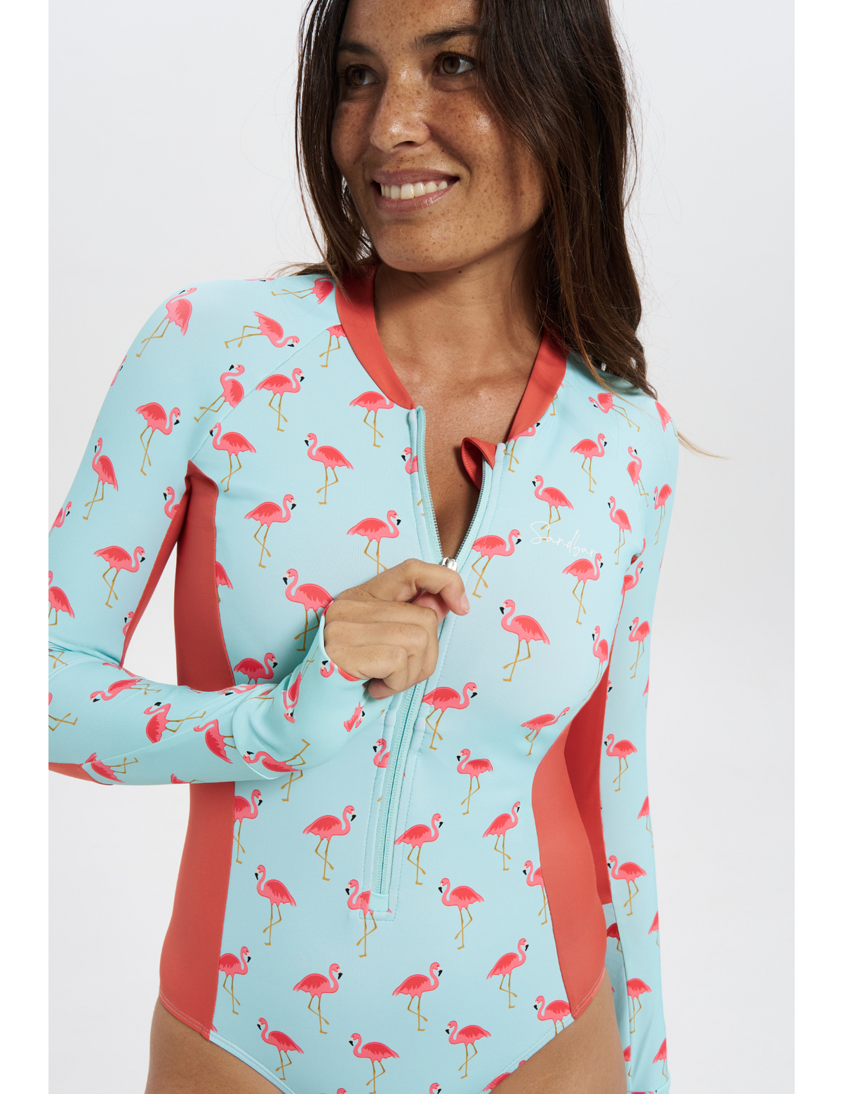 Pink Flamingo Womens Surf Suit, front view. Sustainable womens swimwear.