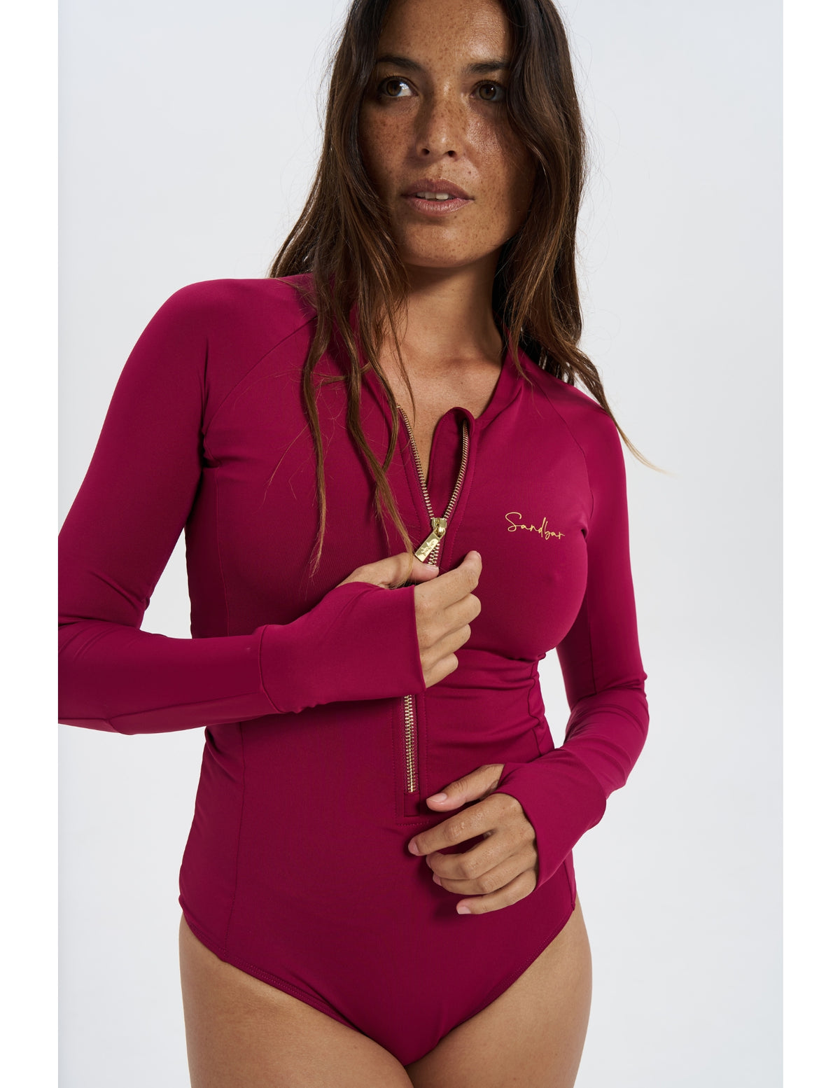 Pre Order - Plum Womens Surf Suit, front view. Sustainable womens swimwear.