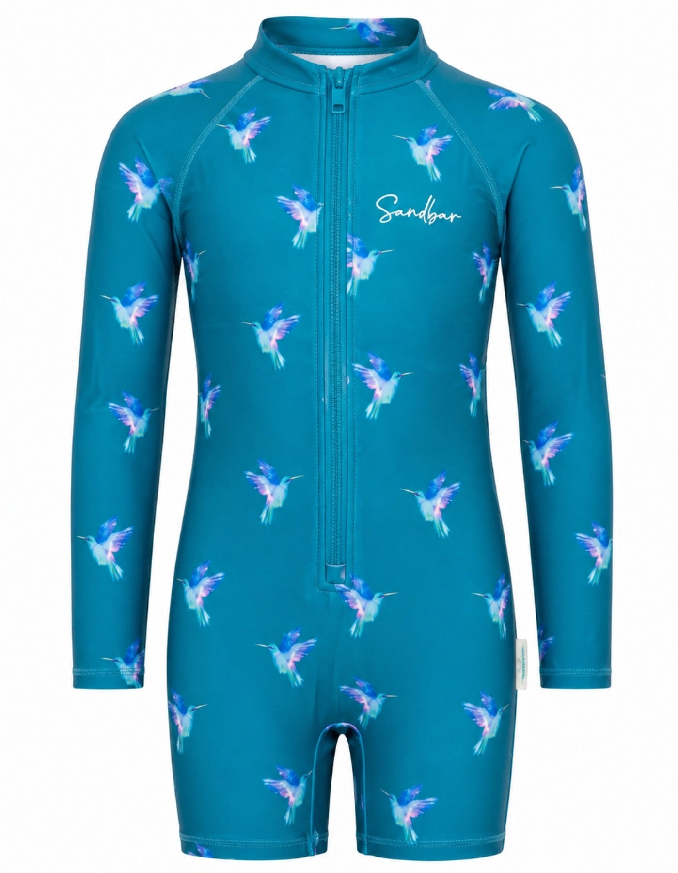 A teal blue long-sleeve full-zip one-piece swimsuit with a repeating pattern of hummingbirds in shades of blue, purple, and white. The brand name 'Sandybar' is printed in white script on the chest.