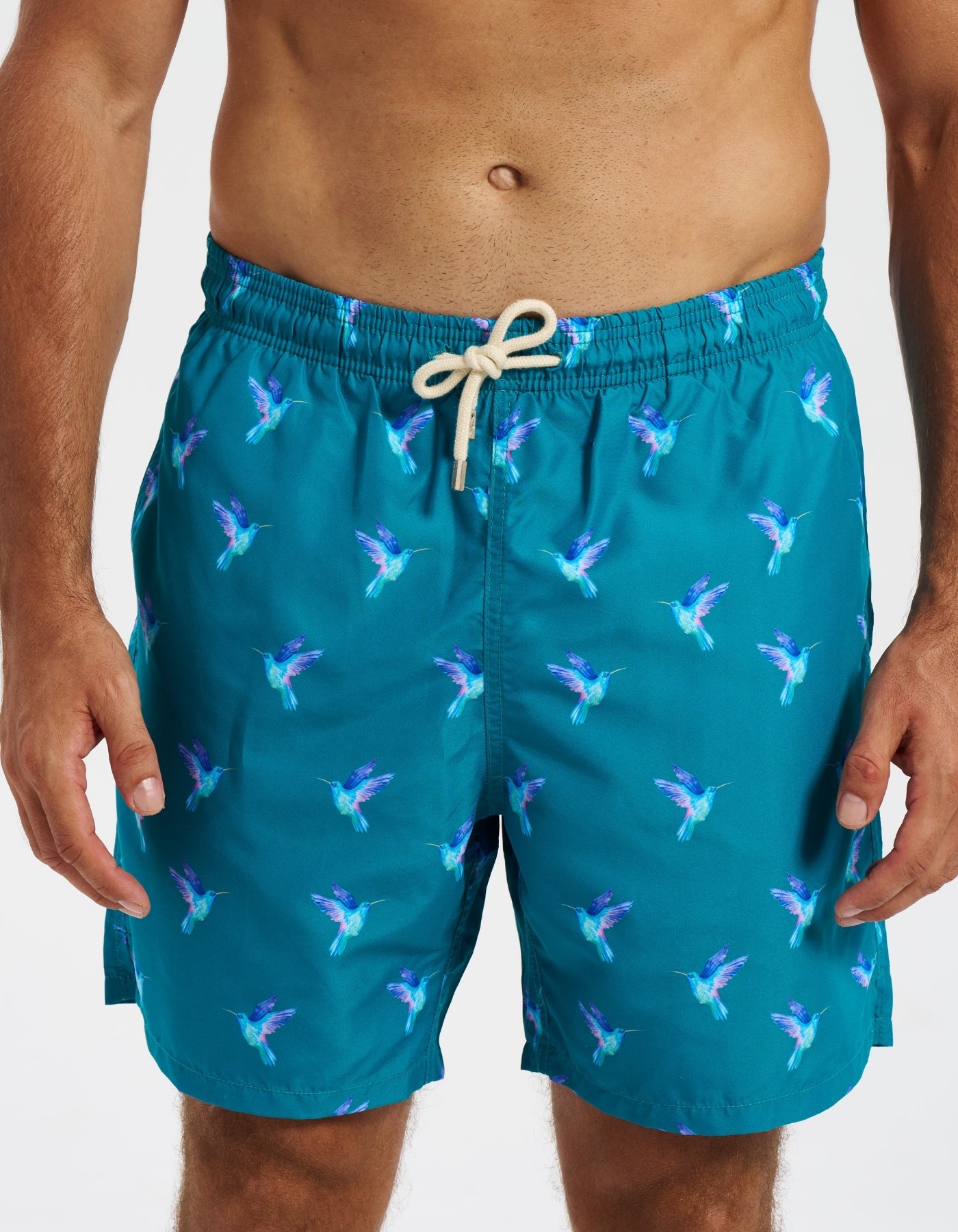 Hummingbird Mens Swim Shorts, front view. Sustainable mens swimwear.