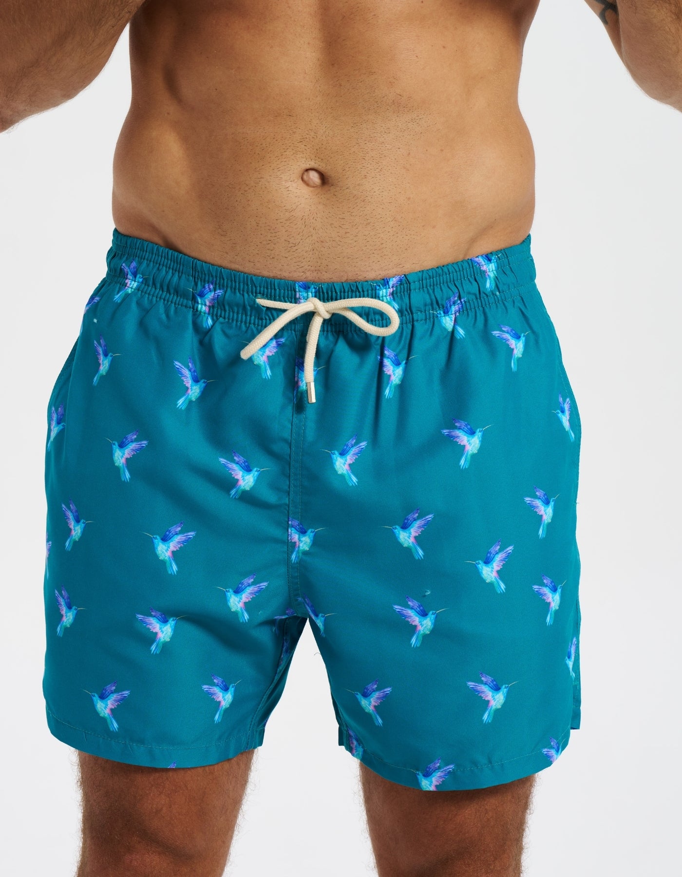 Hummingbird Mens Swim Shorts, front view. Sustainable mens swimwear.