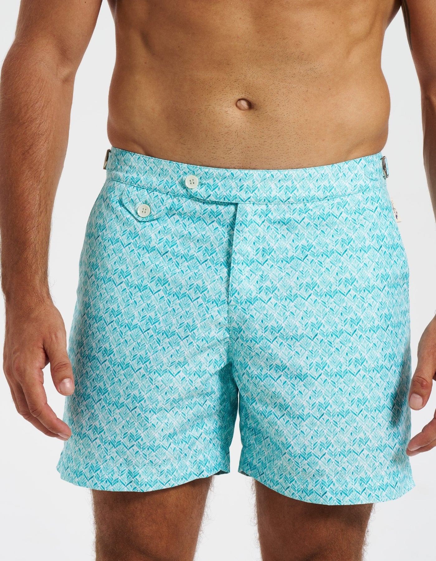 Ocean Fern Mens Tailored Swim Shorts, lifestyle shot. Tailored mens swim shorts.
