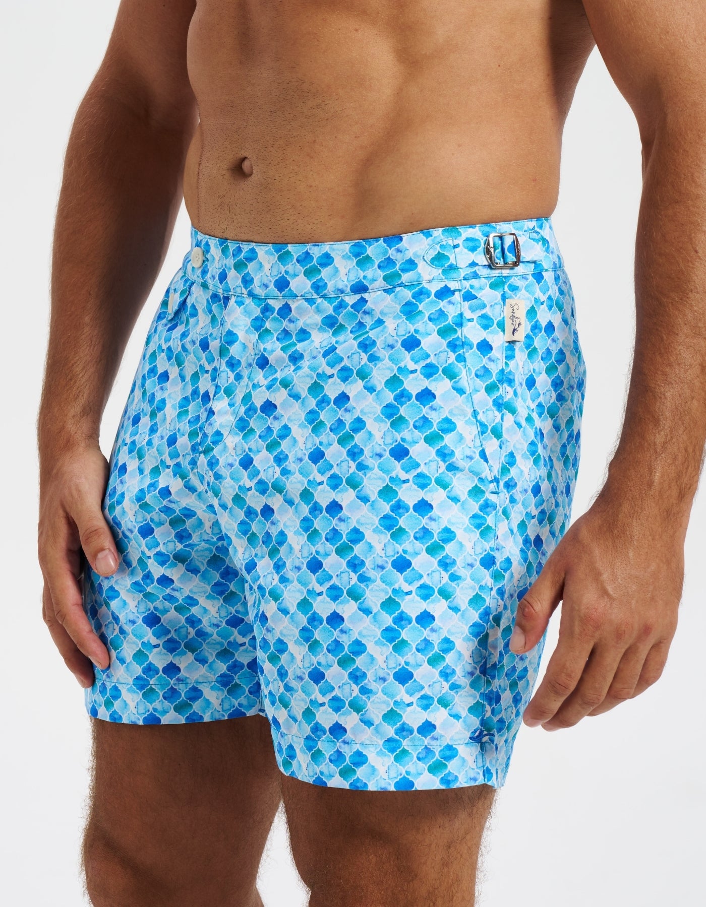 Azure Mosaic Mens Tailored Swim Shorts, lifestyle shot. Tailored mens swim shorts.
