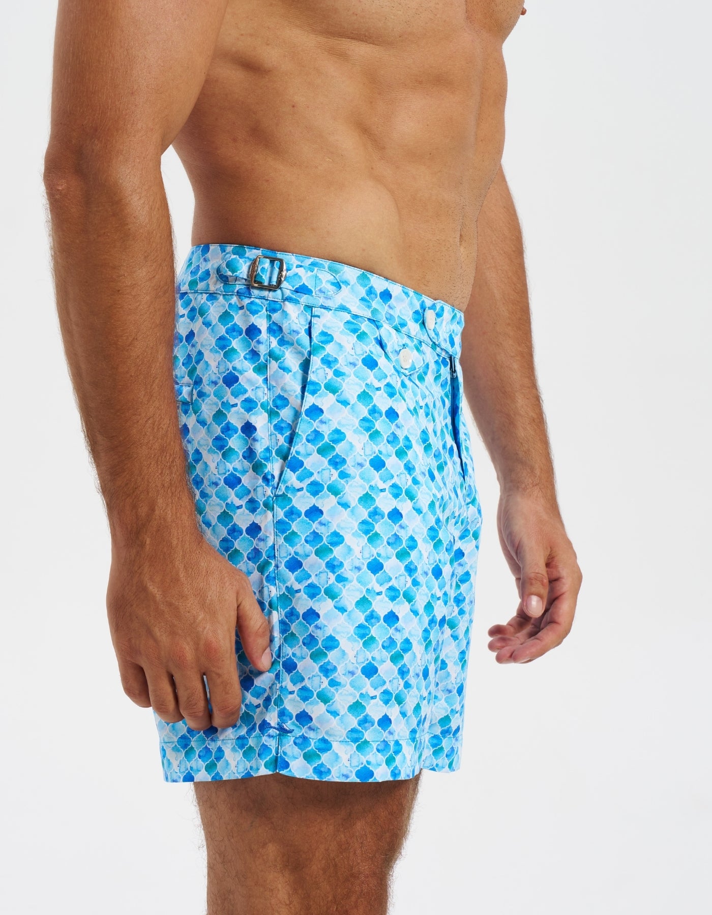 Azure Mosaic Mens Tailored Swim Shorts, additional view. Tailored mens swim shorts.