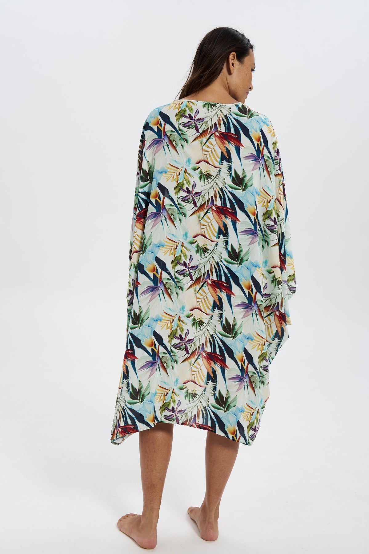 Bird of Paradise Womens Caftan, back view. Beach sarong.