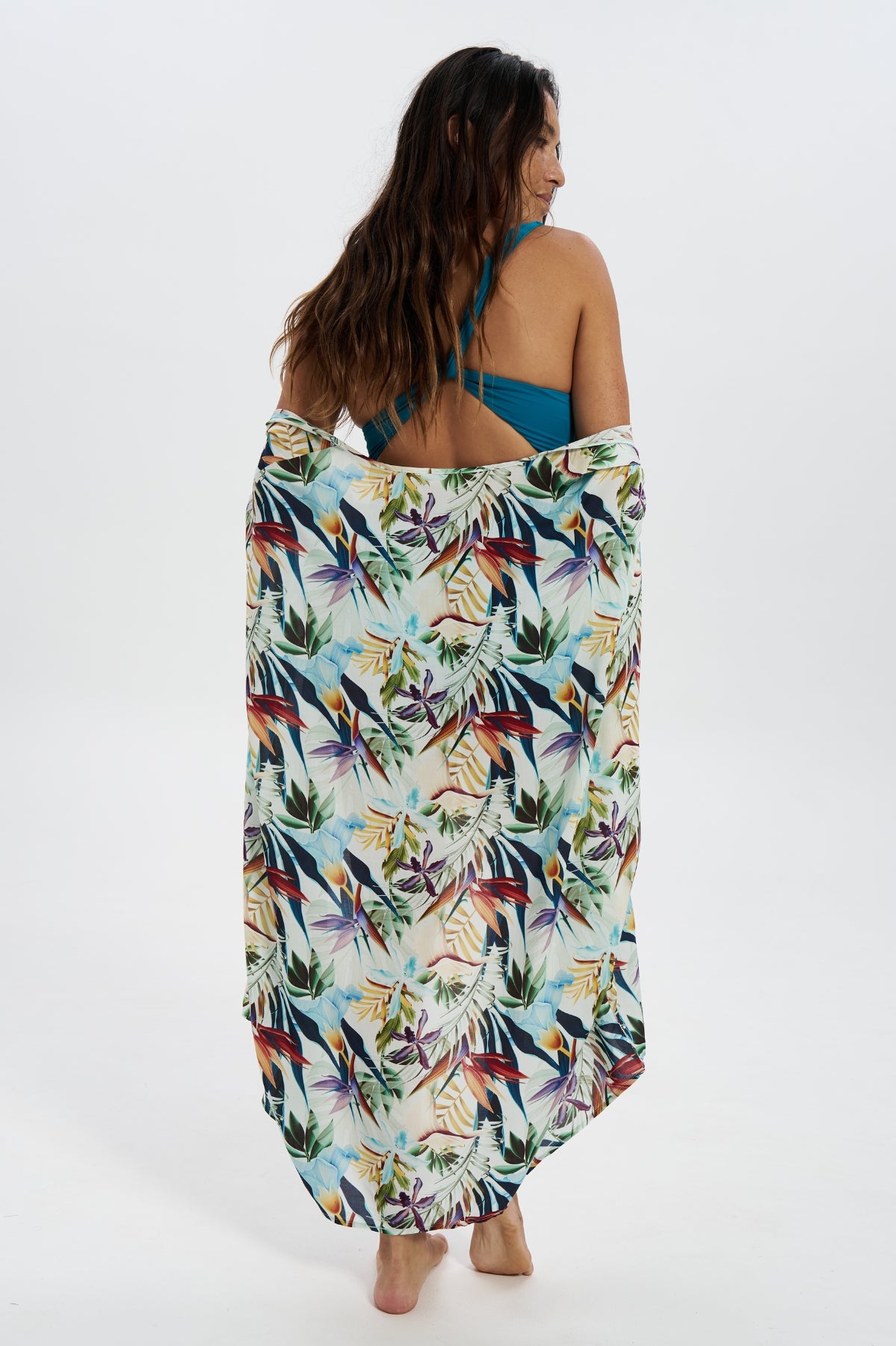 Bird of Paradise Womens Caftan, back view. Beach sarong.