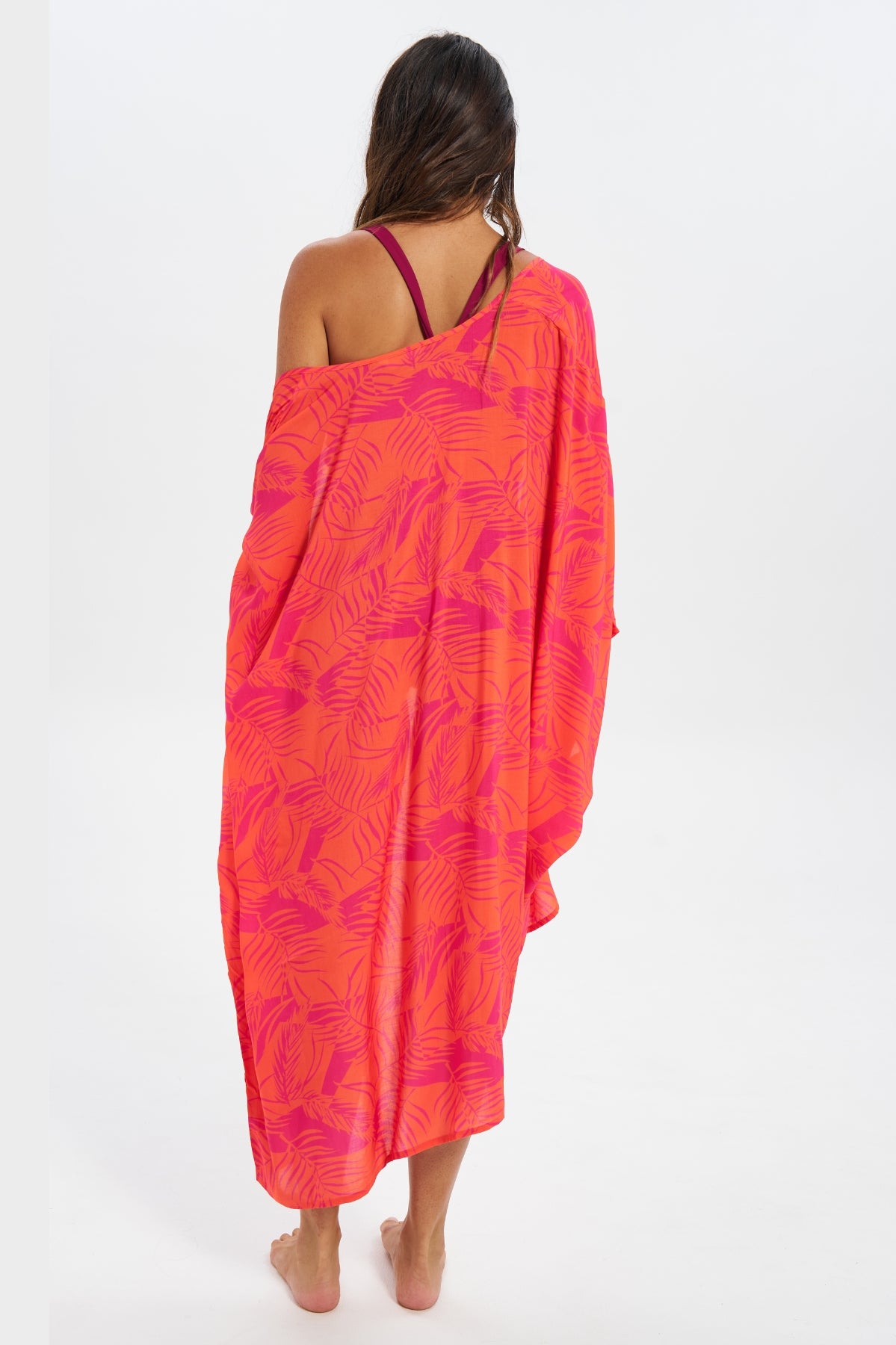 Aperol Palm Womens Caftan, back view. Beach sarong.
