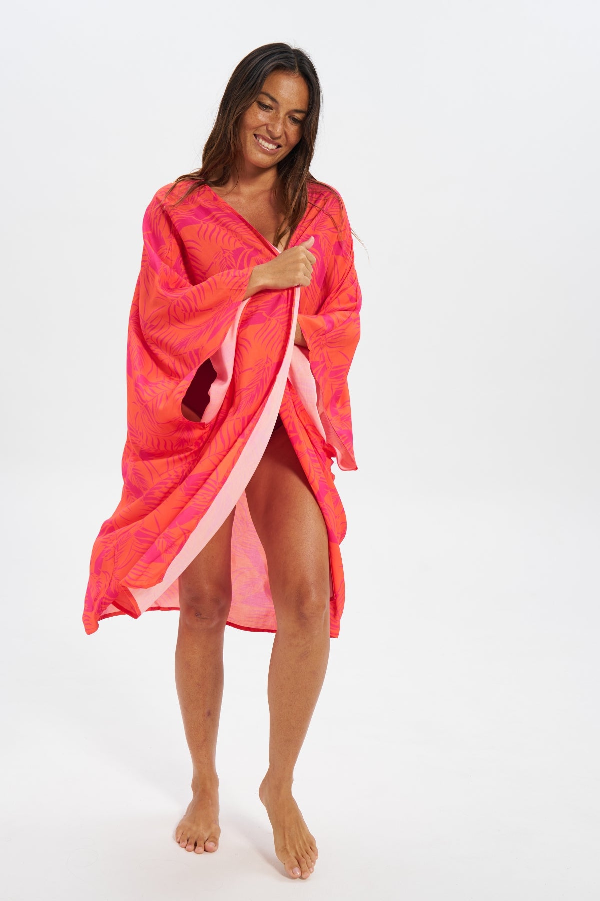 Aperol Palm Womens Caftan, print detail. Beach sarong.
