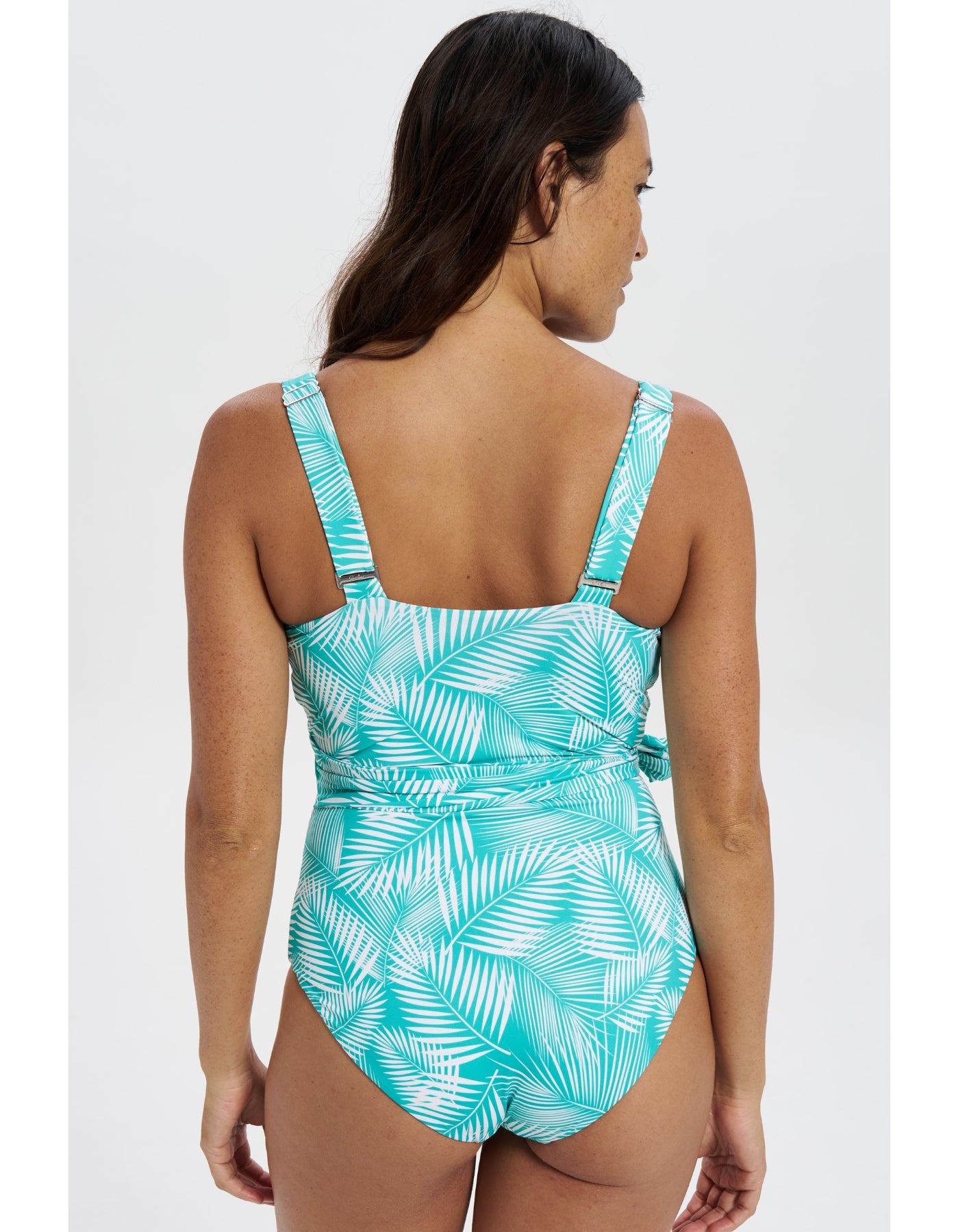 Green Fern Womens One Piece Wrap Swim Suit, back view. Sustainable womens swimwear.