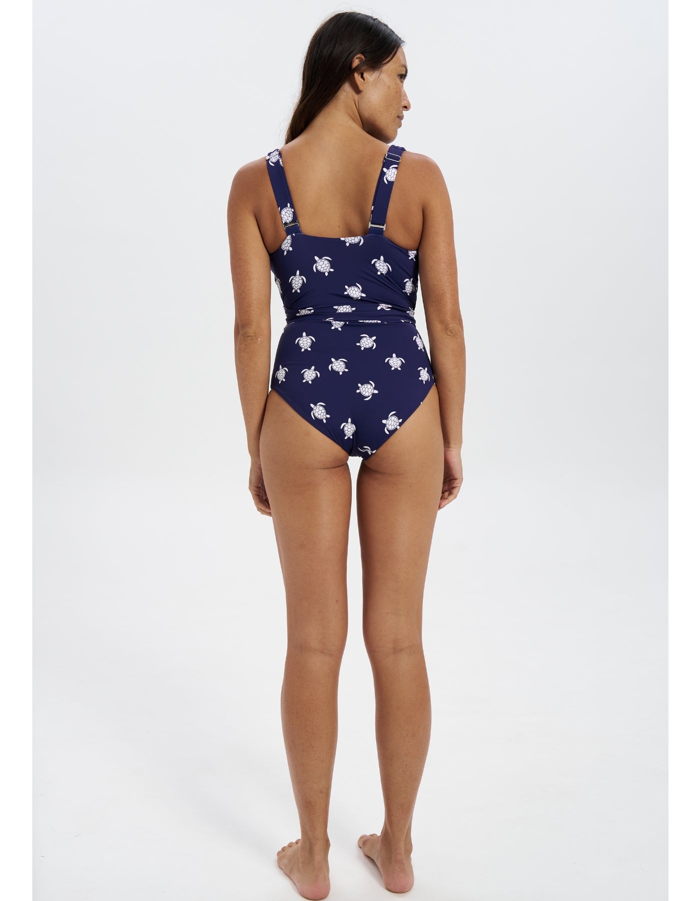 Navy Turtle Womens One Piece Wrap Swim Suit, back view. Sustainable womens swimwear.