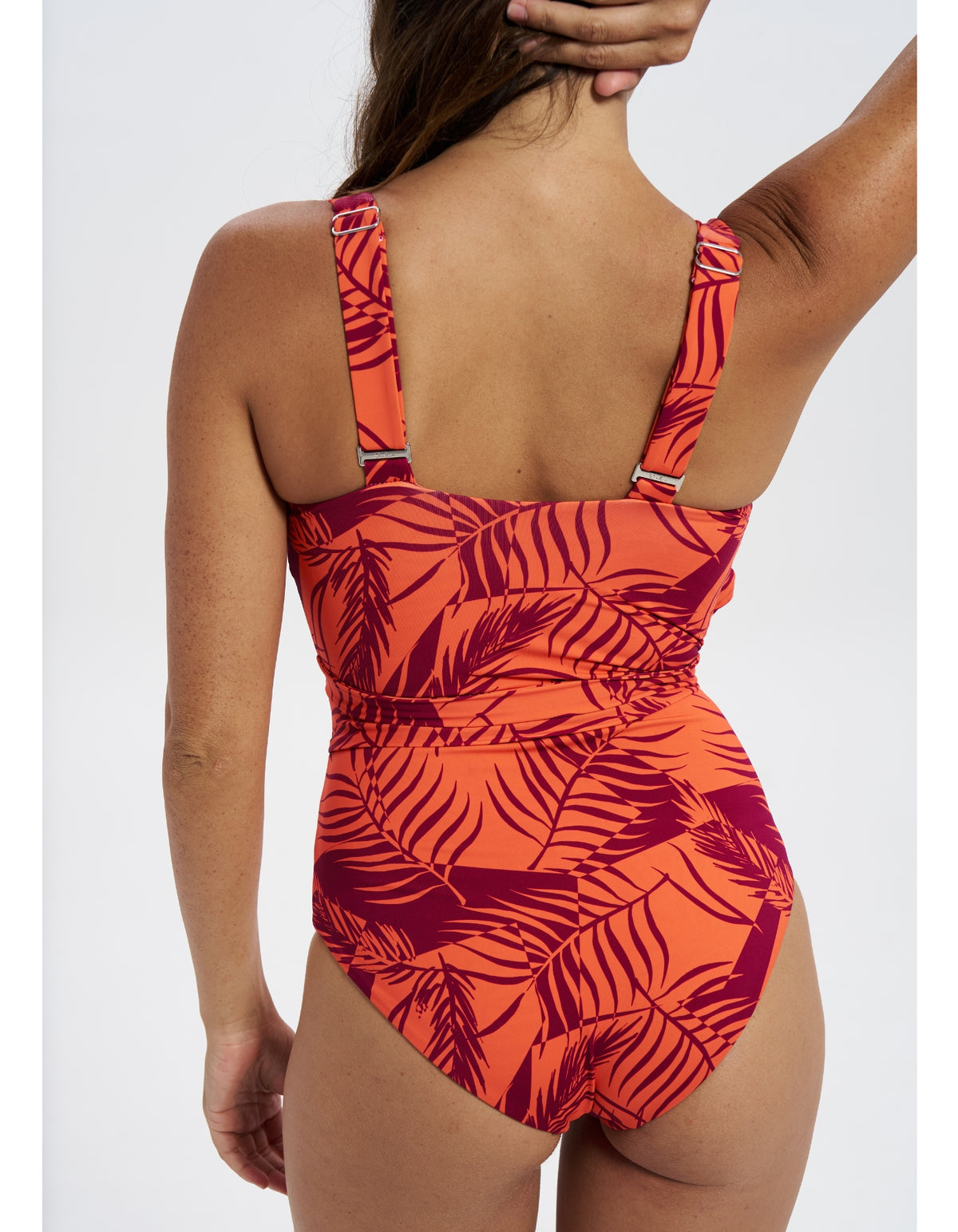 Sunset Palm Womens One Piece Wrap Swim Suit, back view. Sustainable womens swimwear.