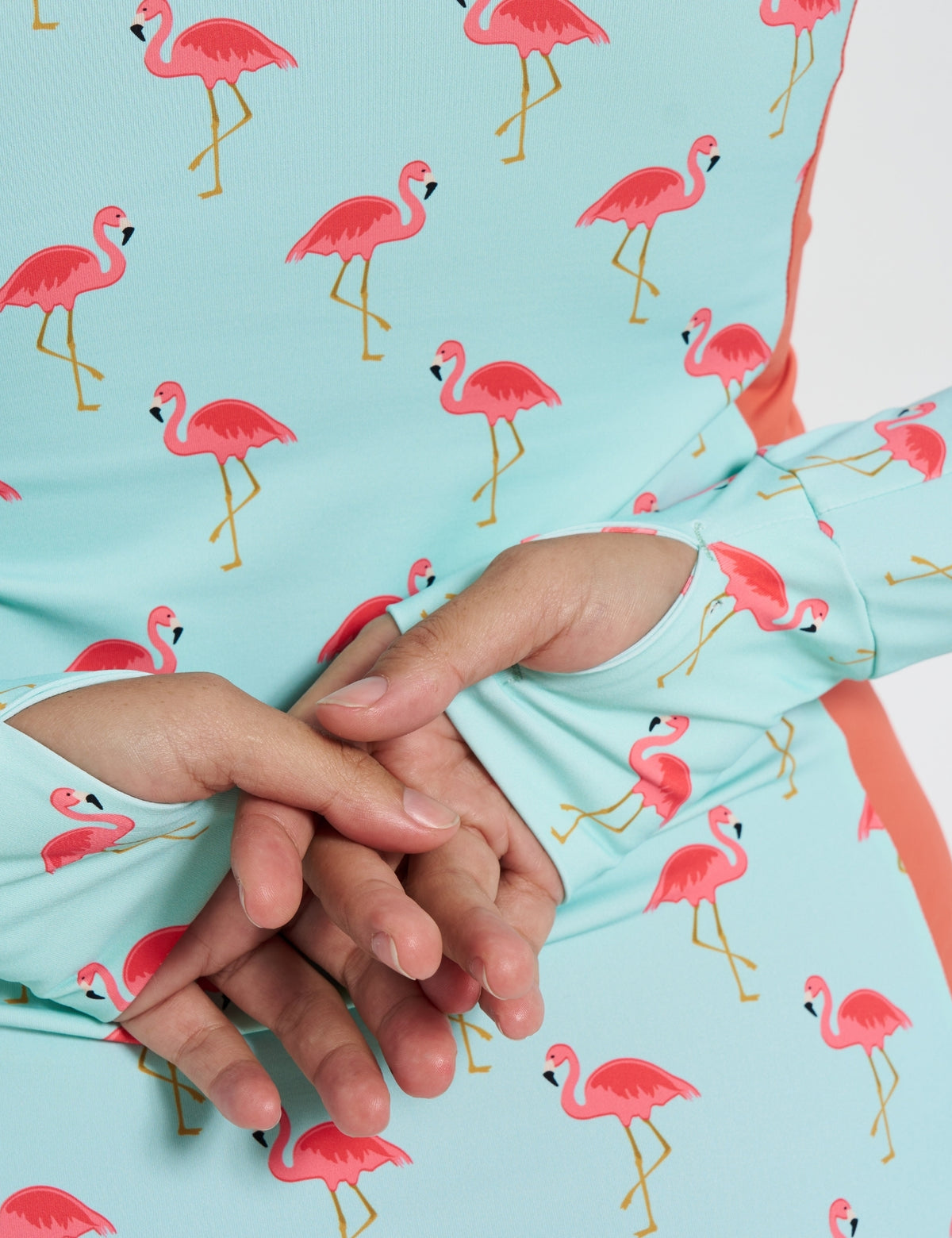 Pink Flamingo Womens Rash Guard, additional view. Womens UPF50+ rash guard.