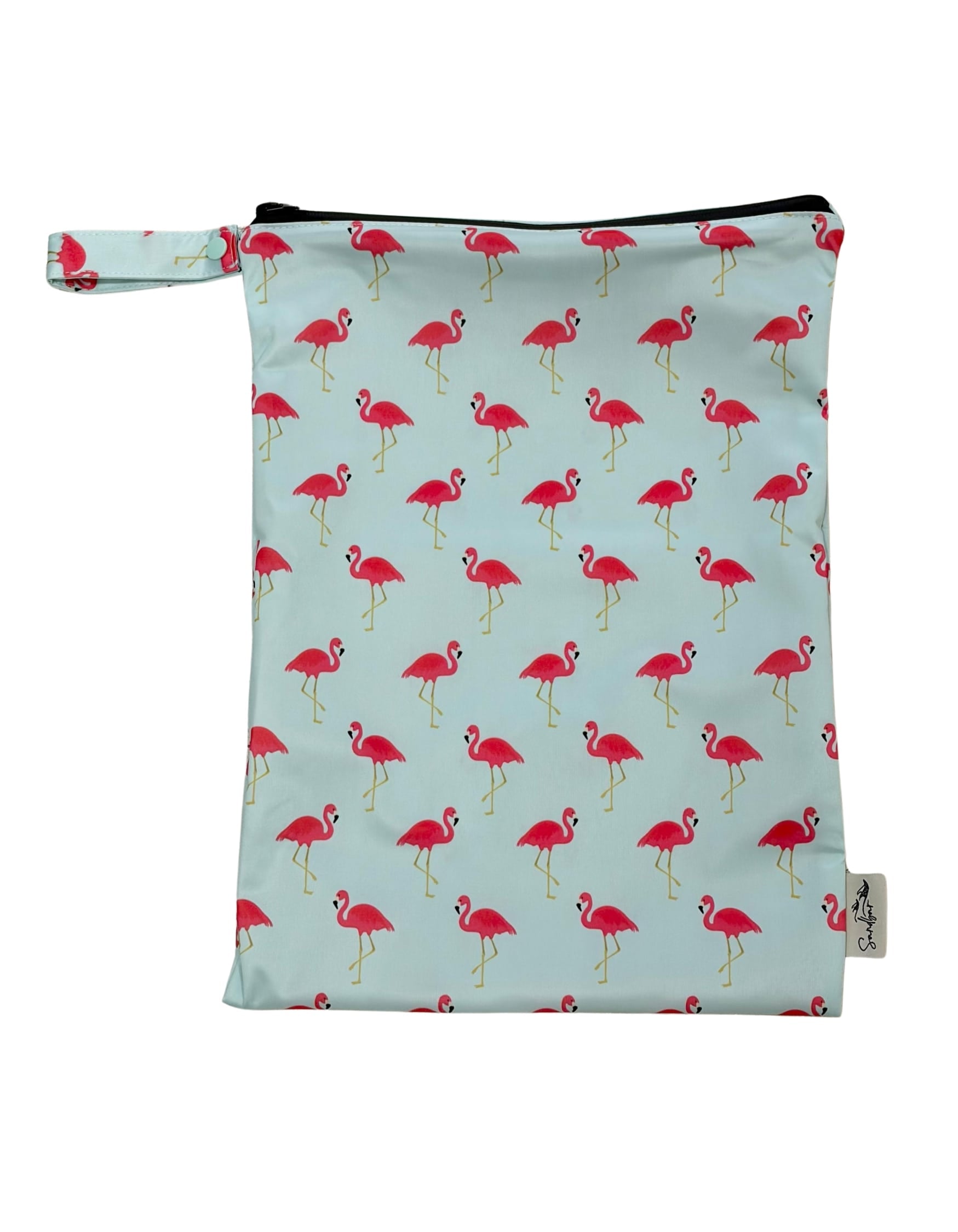 Pink Flamingo Wet/Dry Bag, front view. Reusable beach bag.