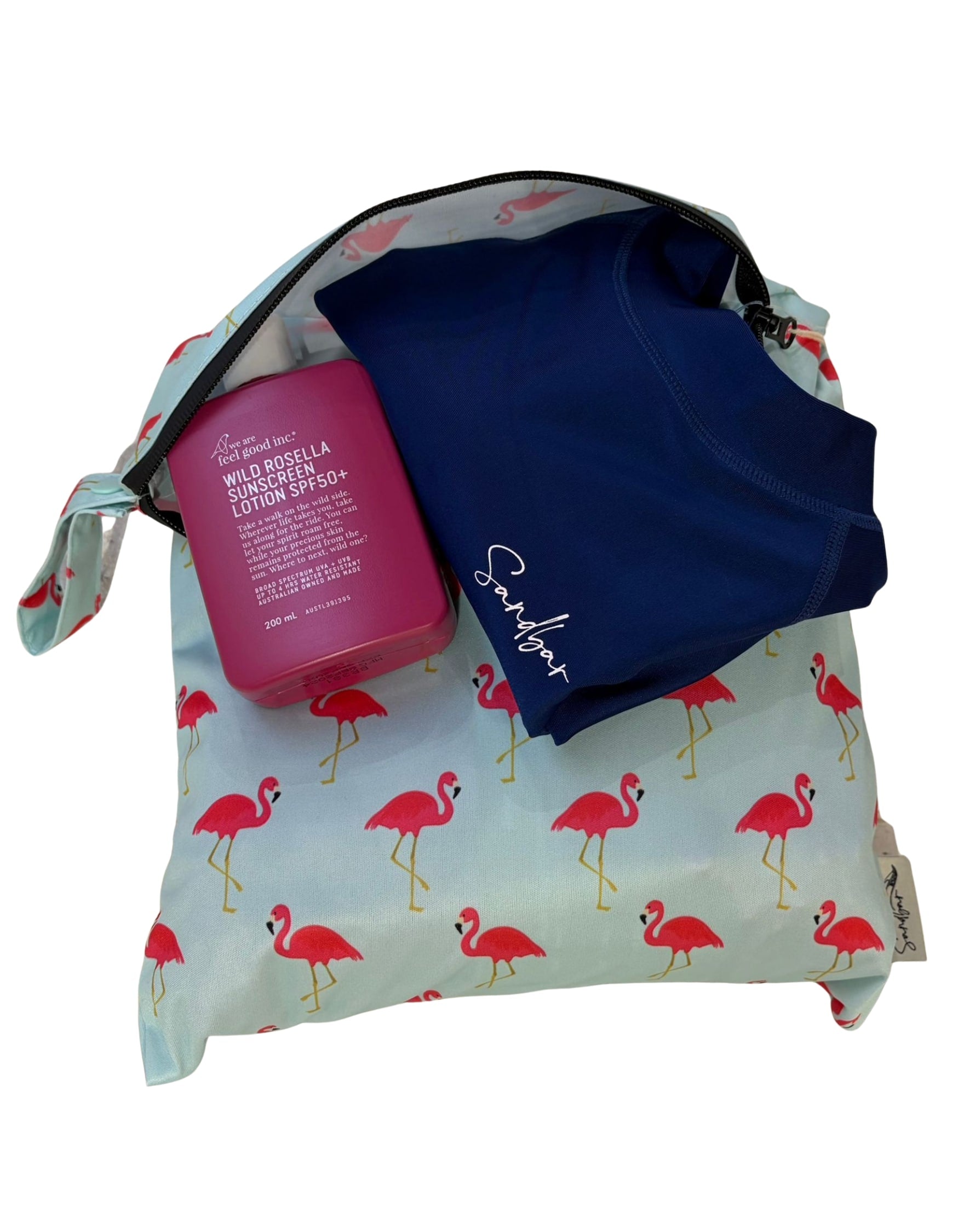 Pink Flamingo Wet/Dry Bag, back view. Reusable beach bag.