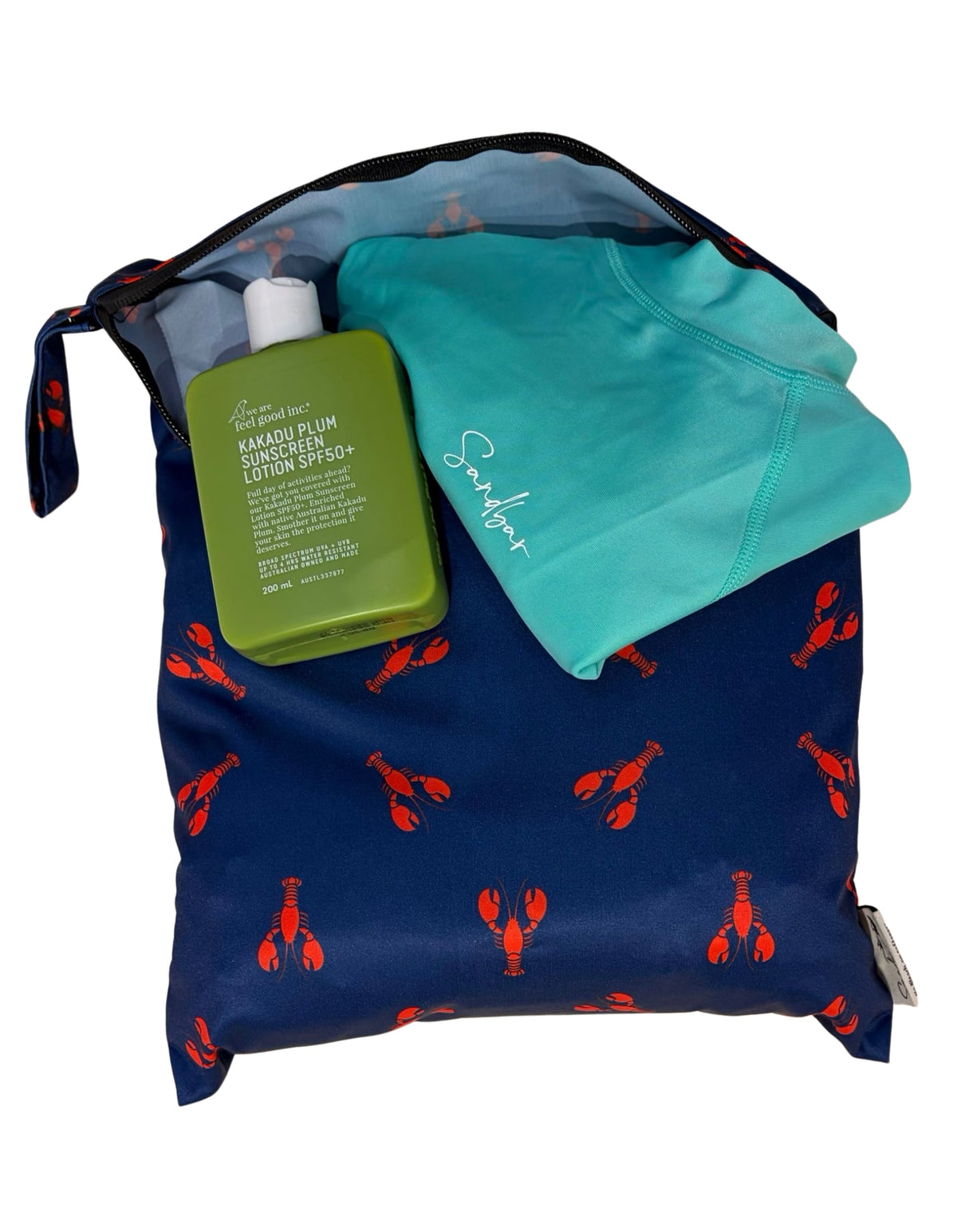 Red Lobster Wet/Dry Bag, back view. Reusable beach bag.