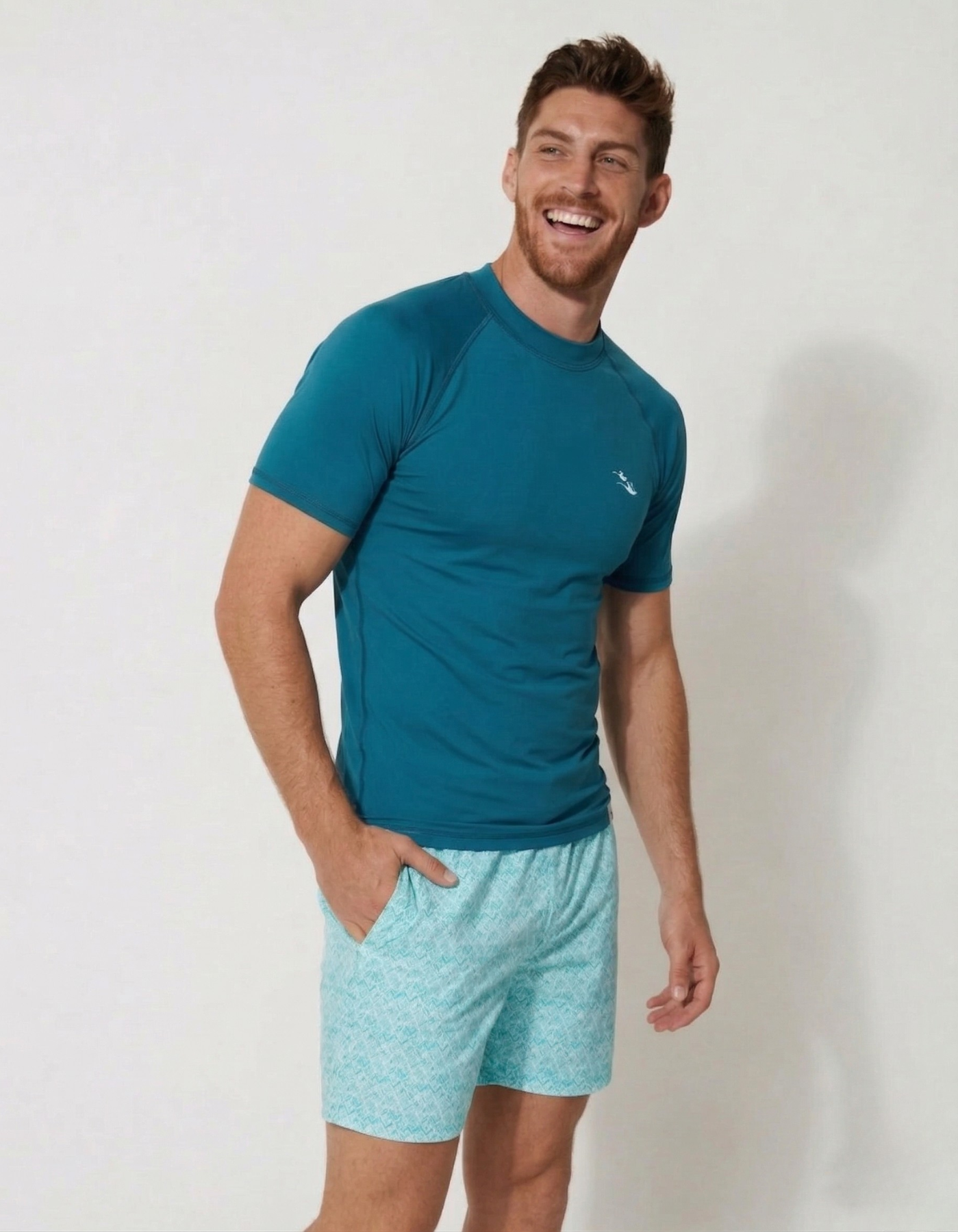Teal Short Sleeved Mens Rash Guard, front view. Mens UPF50 rash guard.