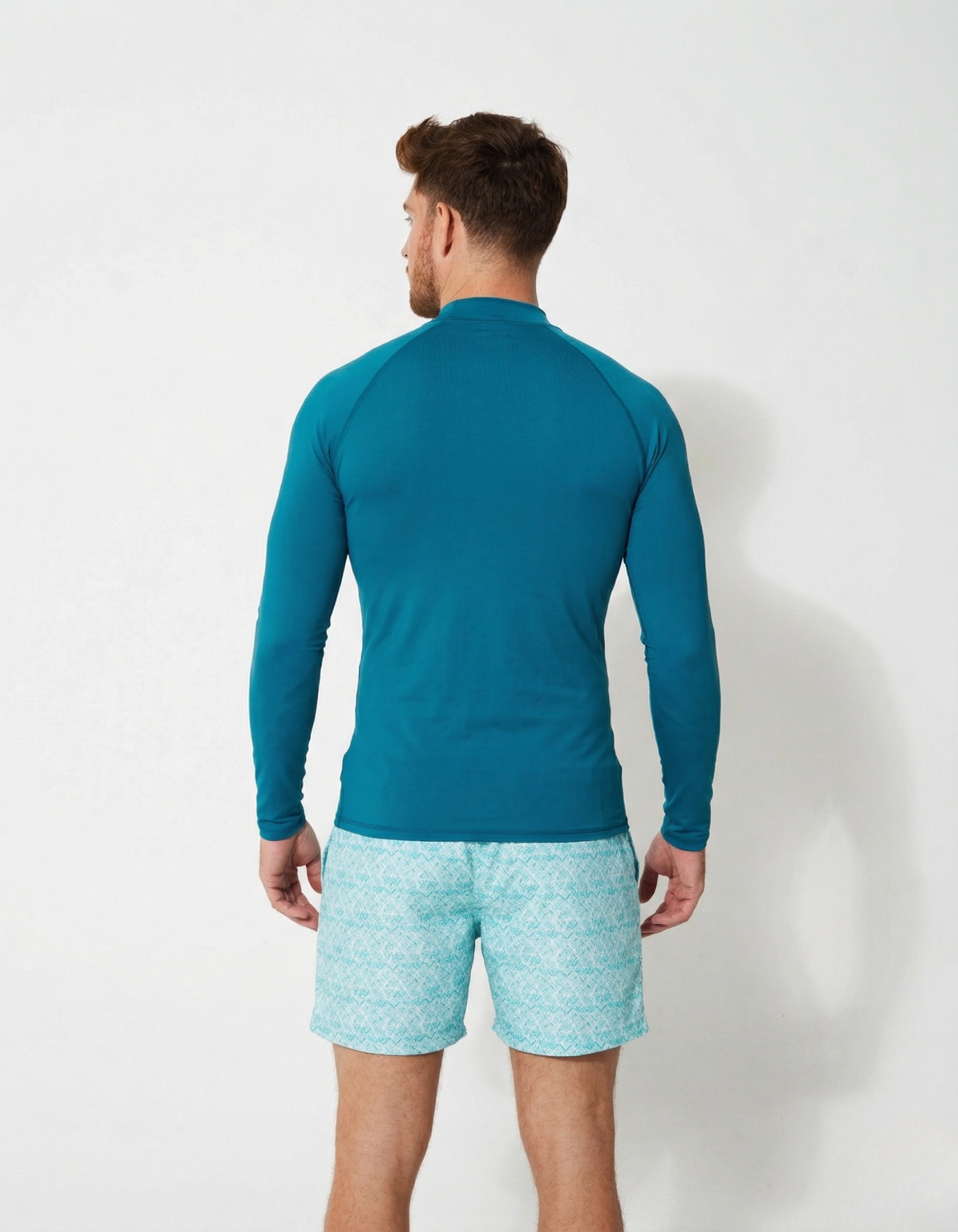 Teal Long Sleeved Mens Rash Guard, back view. Mens UPF50 rash guard.