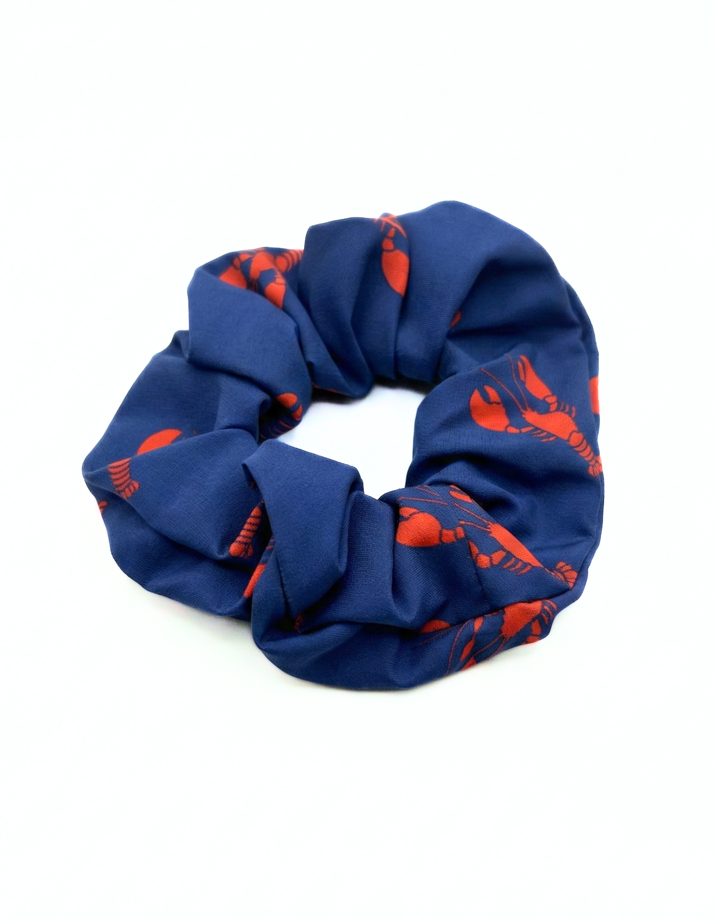 Red Lobster Scrunchie, front view. Recycled hair scrunchie.