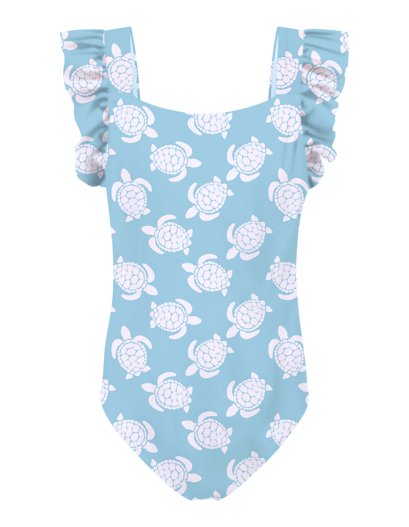 Maldives Blue Turtle Girls Ruffle Swimsuit, additional view. Sustainable girls swimwear.