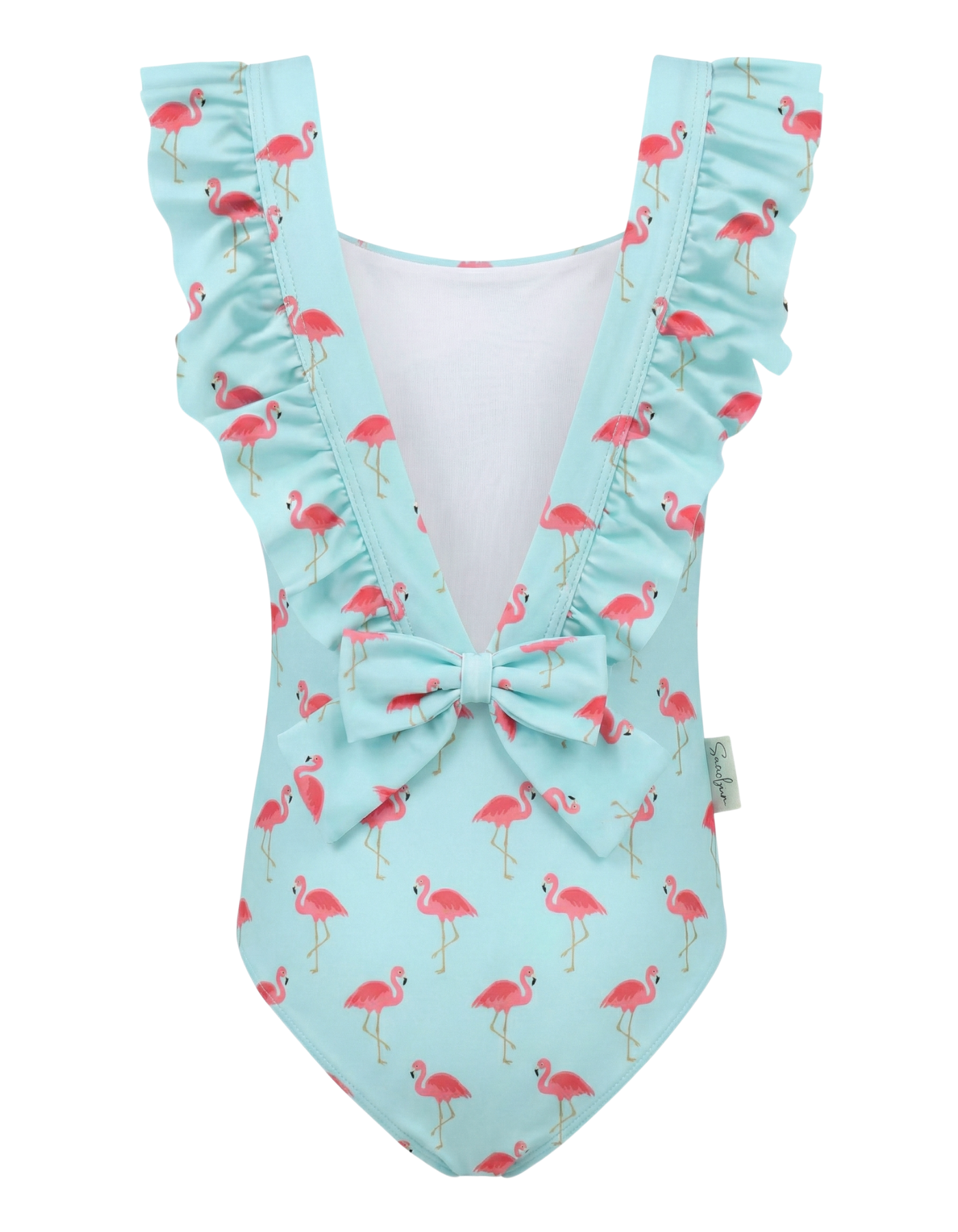Pink Flamingo Girls Ruffle Swimsuit, additional view. Sustainable girls swimwear.