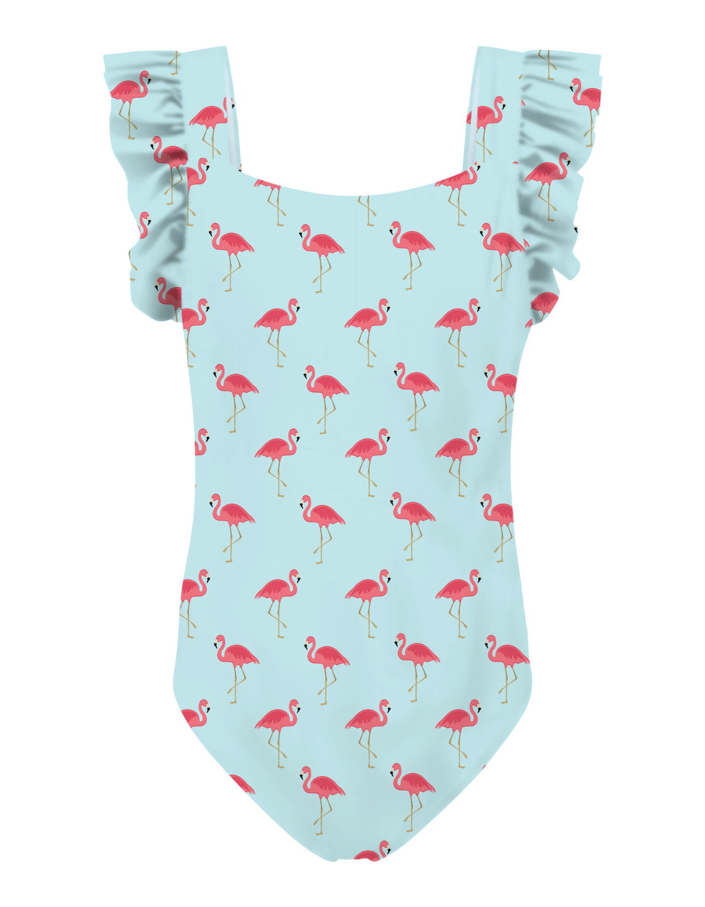 Pink Flamingo Girls Ruffle Swimsuit, lifestyle shot. Sustainable girls swimwear.