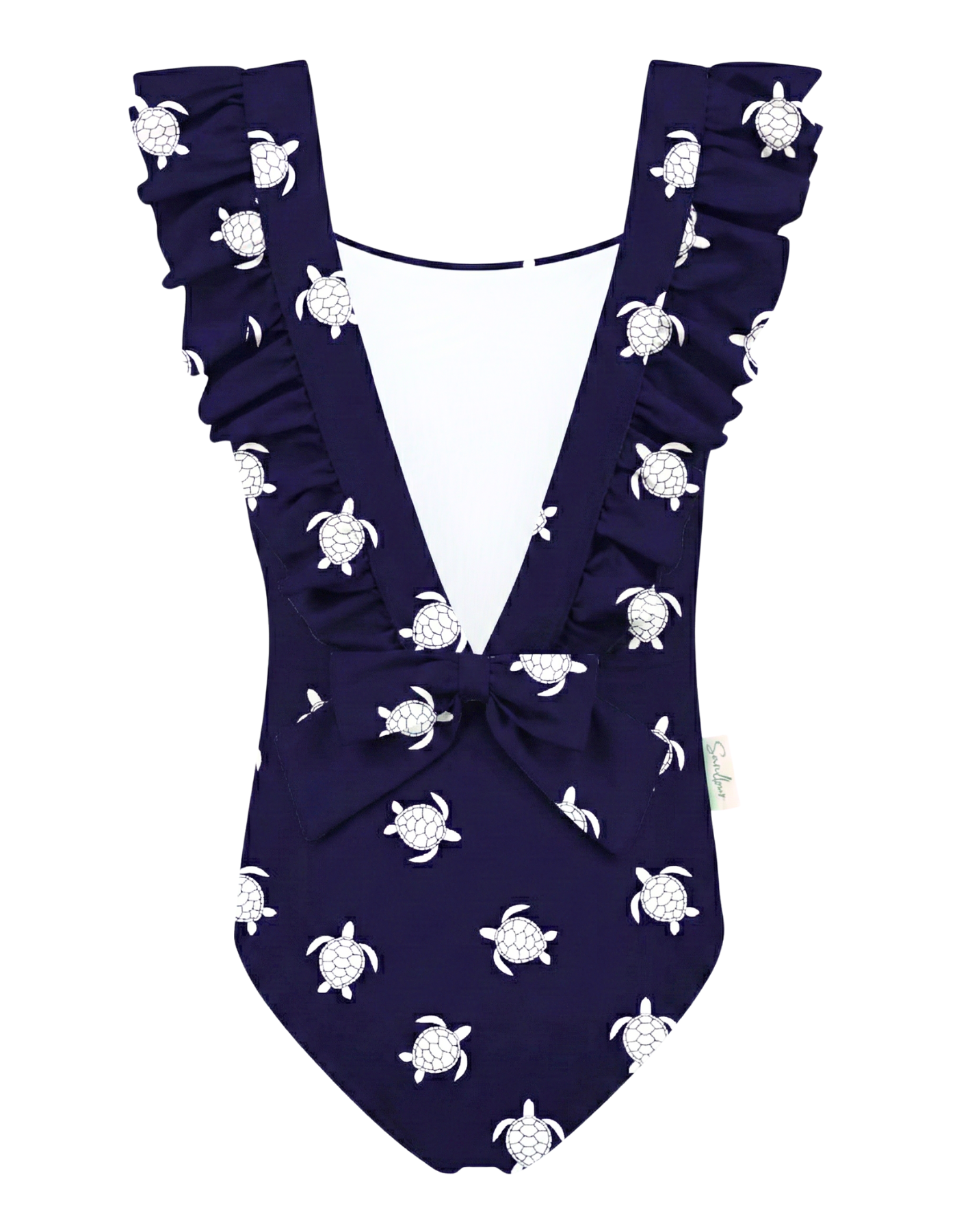 Navy Turtle Girls Ruffle Swimsuit, additional view. Sustainable girls swimwear.