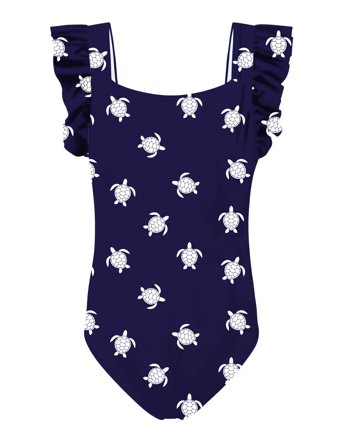 Navy Turtle Girls Ruffle Swimsuit, lifestyle shot. Sustainable girls swimwear.