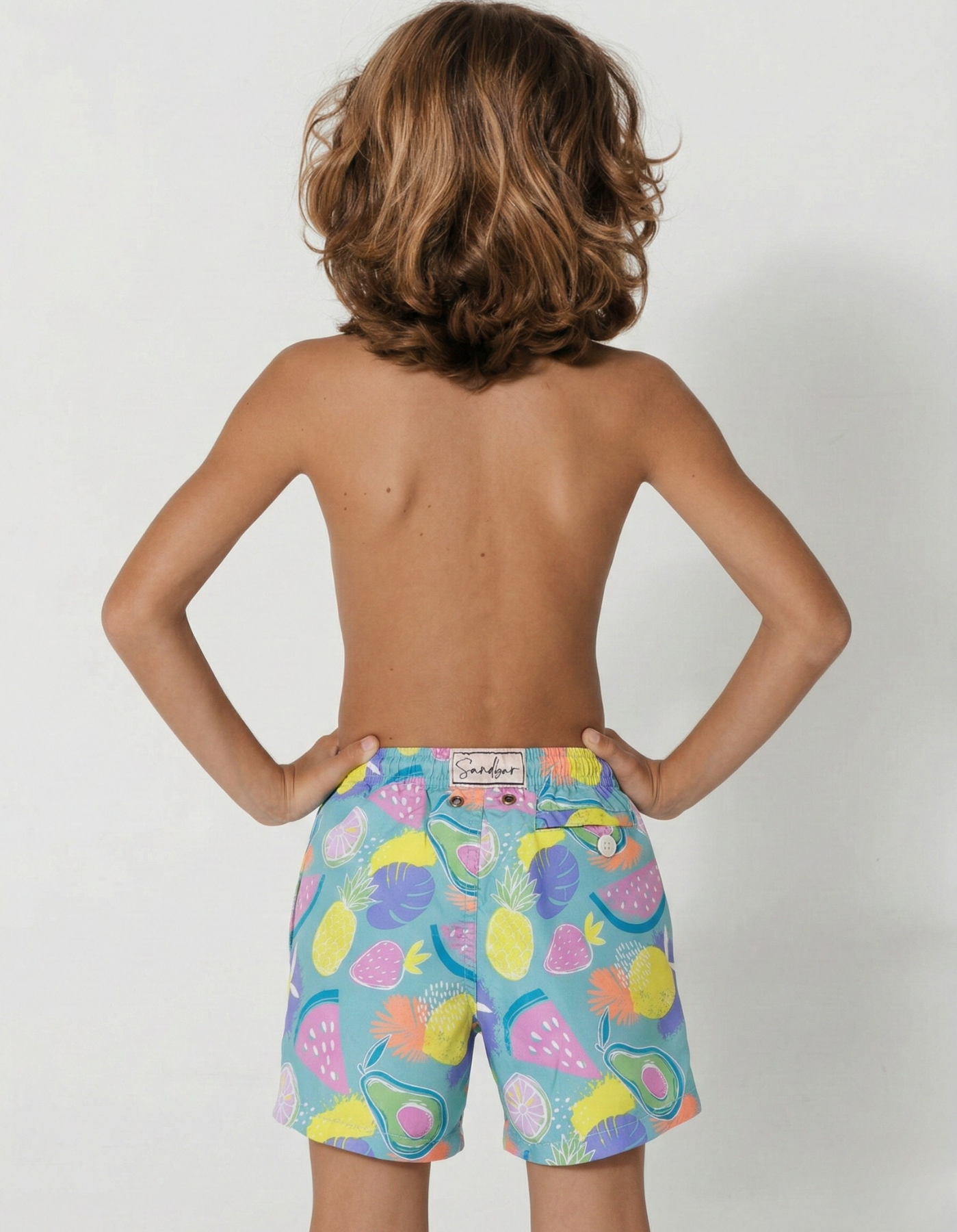Tropicana Boys Swim Shorts, back view. Sustainable boys swimwear.