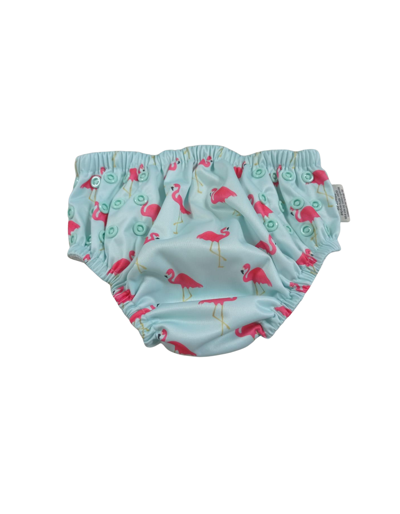 Pink Flamingo Reusable Swim Diaper, lifestyle shot. Reusable swim diaper.