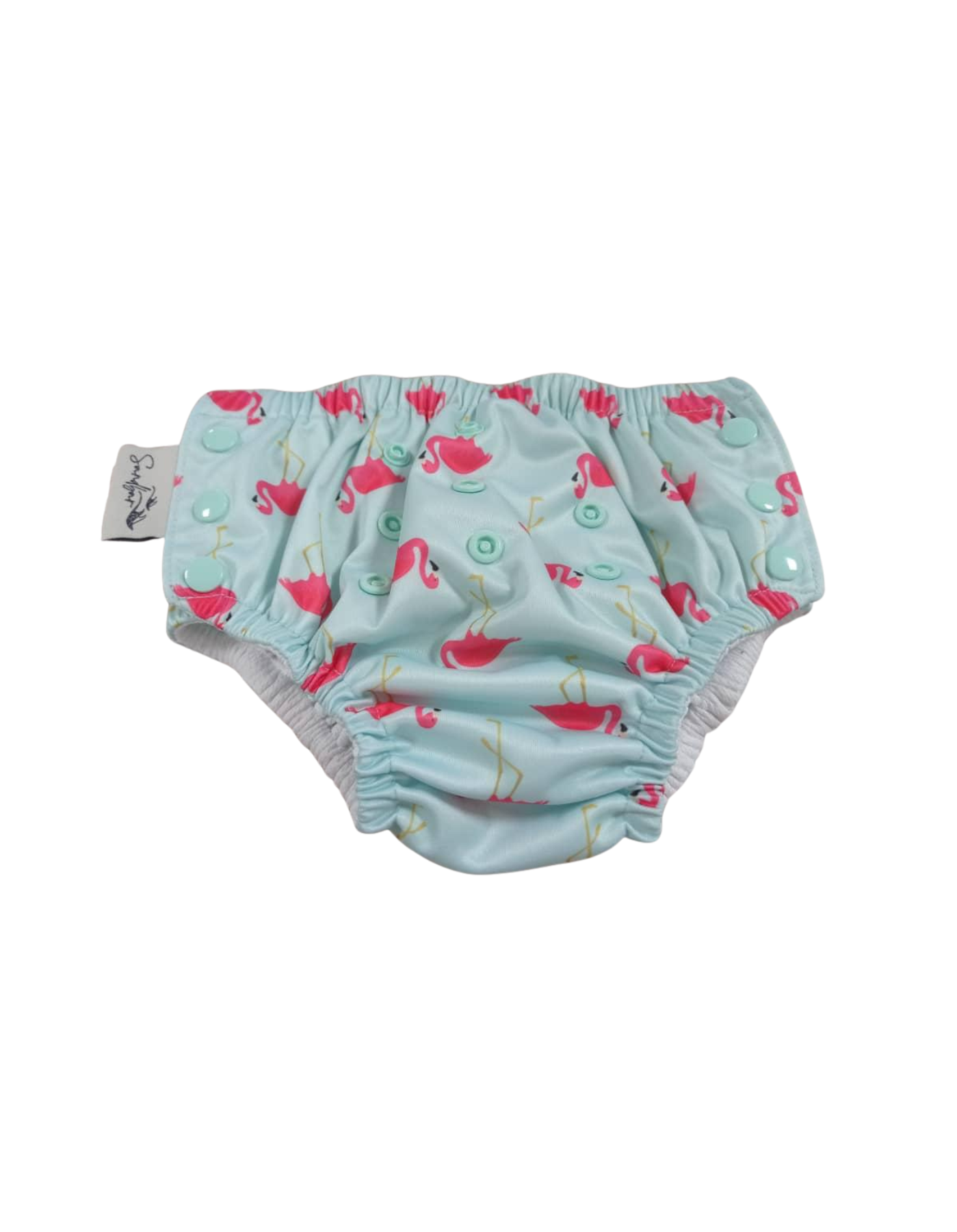 Pink Flamingo Reusable Swim Diaper, print detail. Reusable swim diaper.