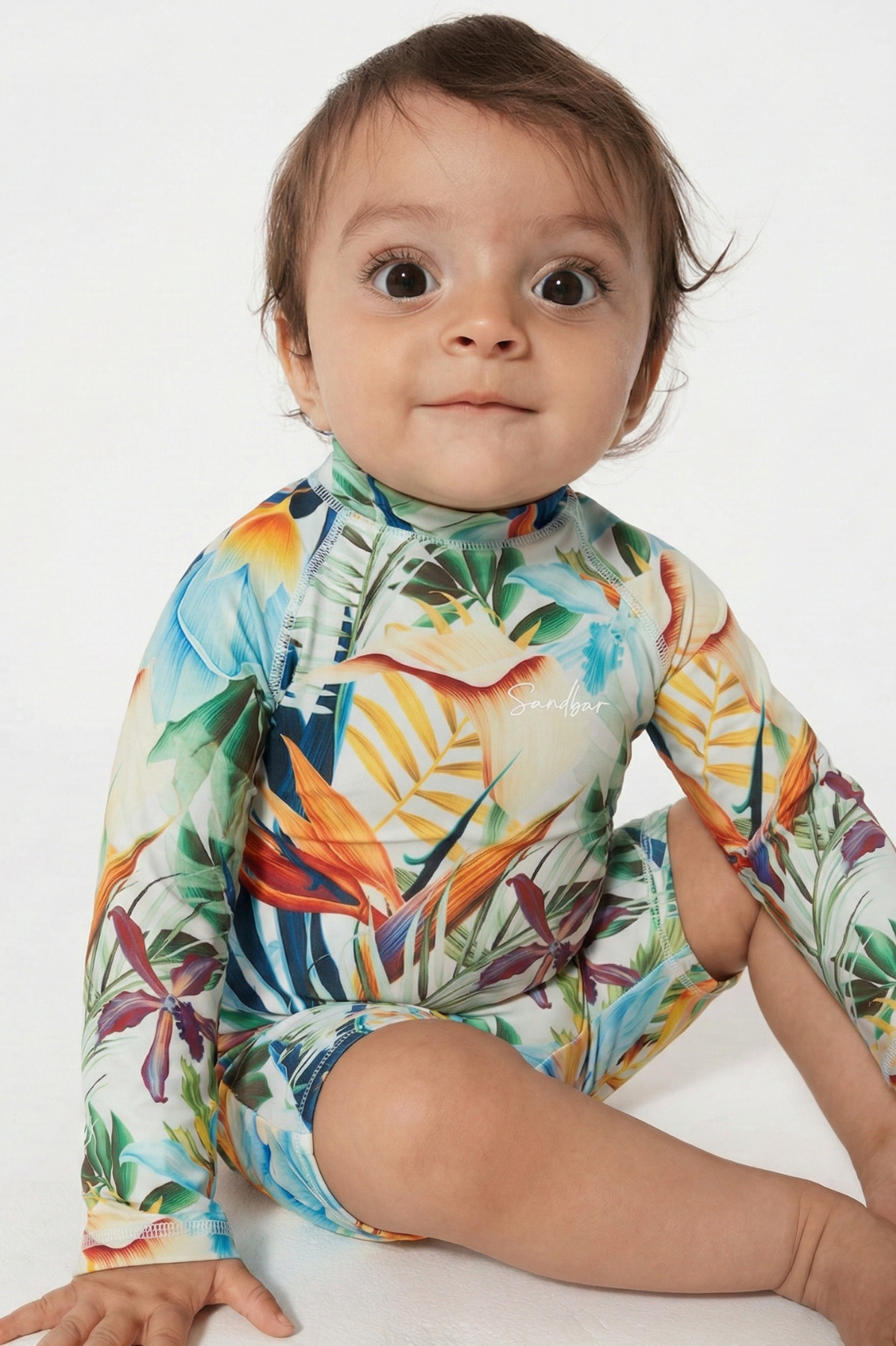 Bird of Paradise Baby Swimsuit, front view. Sustainable baby swimwear.