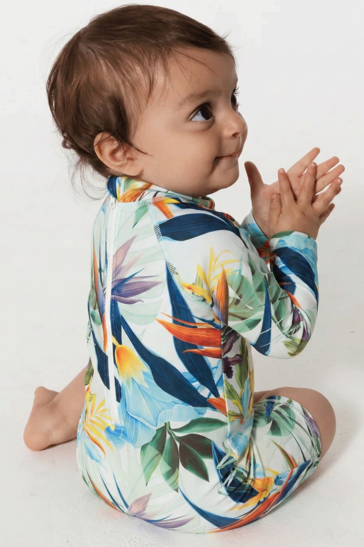 Bird of Paradise Baby Swimsuit, back view. Sustainable baby swimwear.