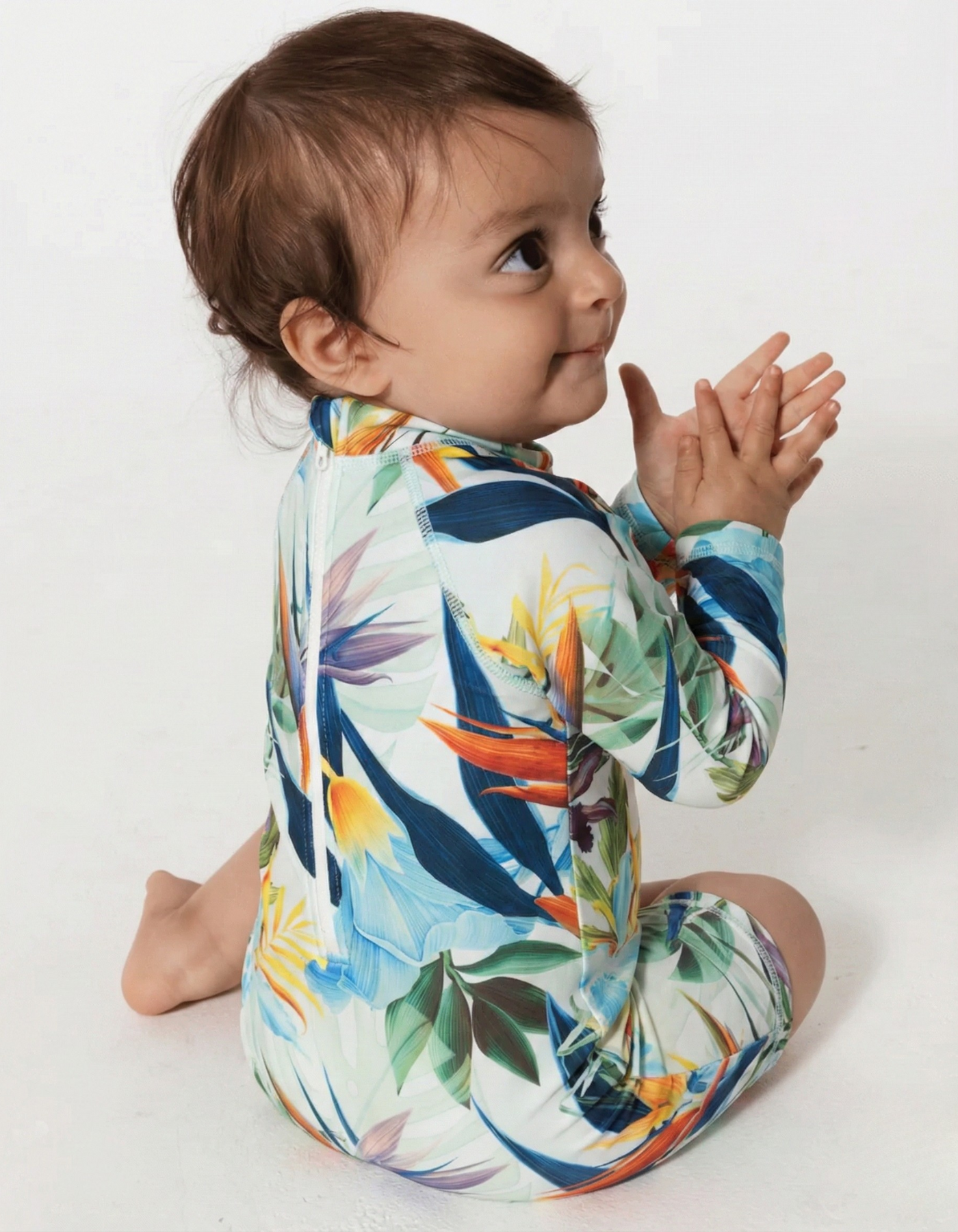 Bird of Paradise Baby Swimsuit, back view. Sustainable baby swimwear.