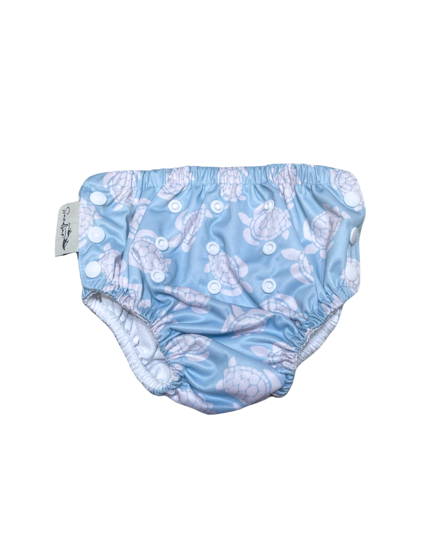 Maldives Blue Turtle Reusable Swim Diaper, print detail. Reusable swim diaper.