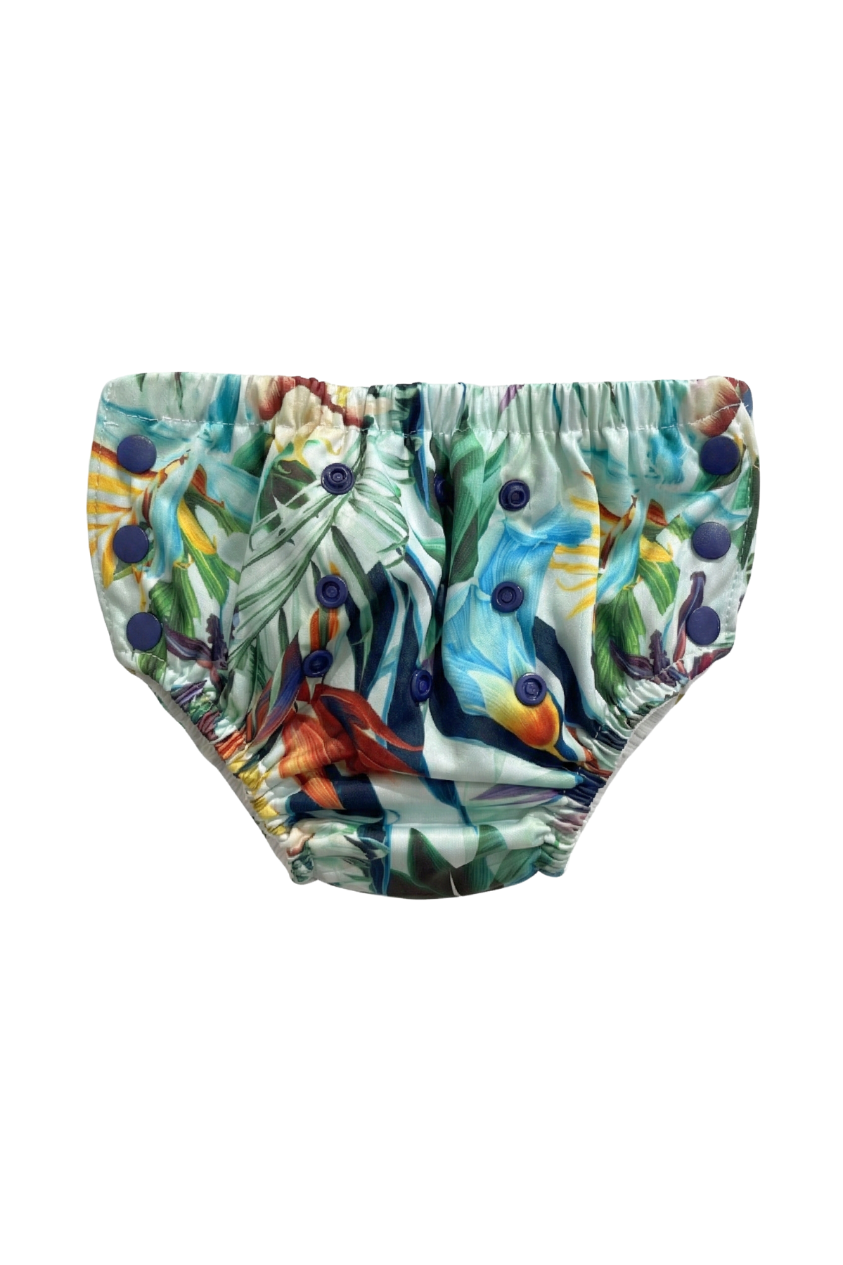 Bird of Paradise Reusable Swim Diaper, front view. Reusable swim diaper.