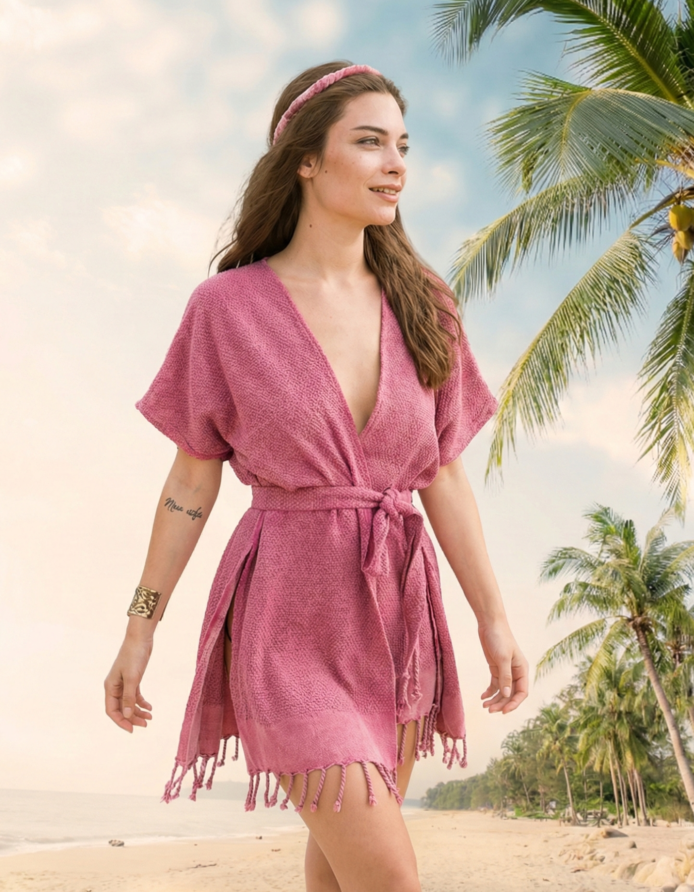 Coral Turkish Cotton Womens Robe, front view. Sustainable beach towel.